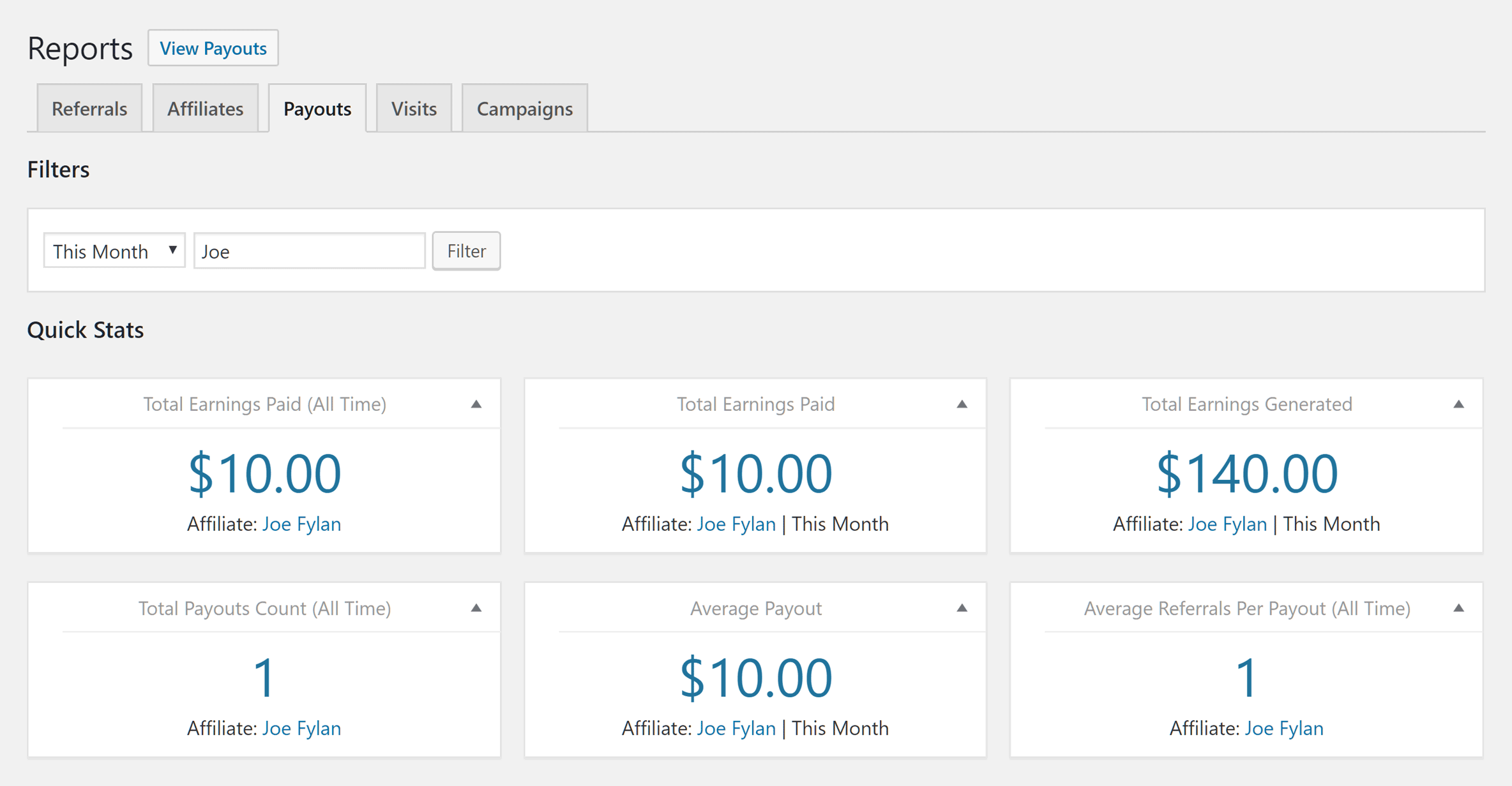 Payout report for individual affiliates 