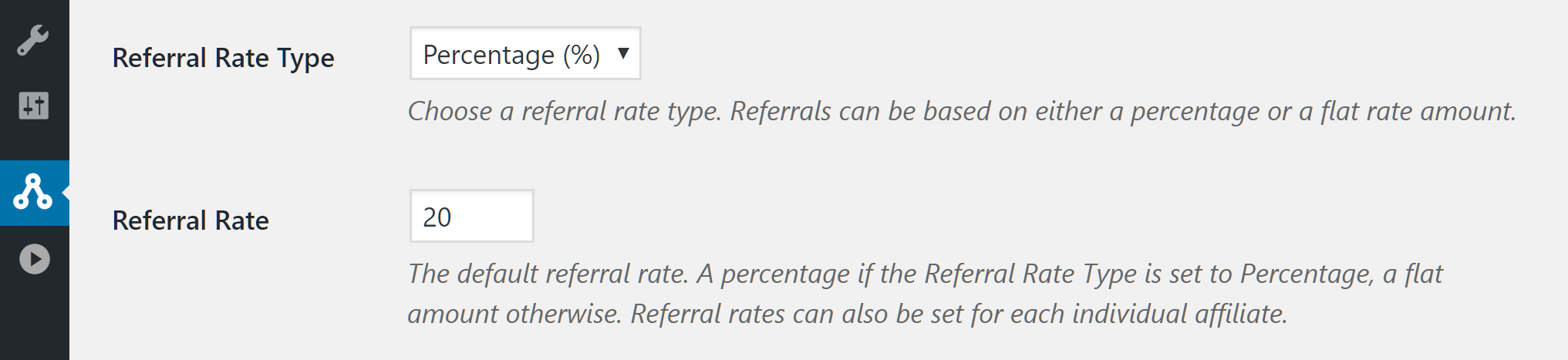 Set the referral rate and type