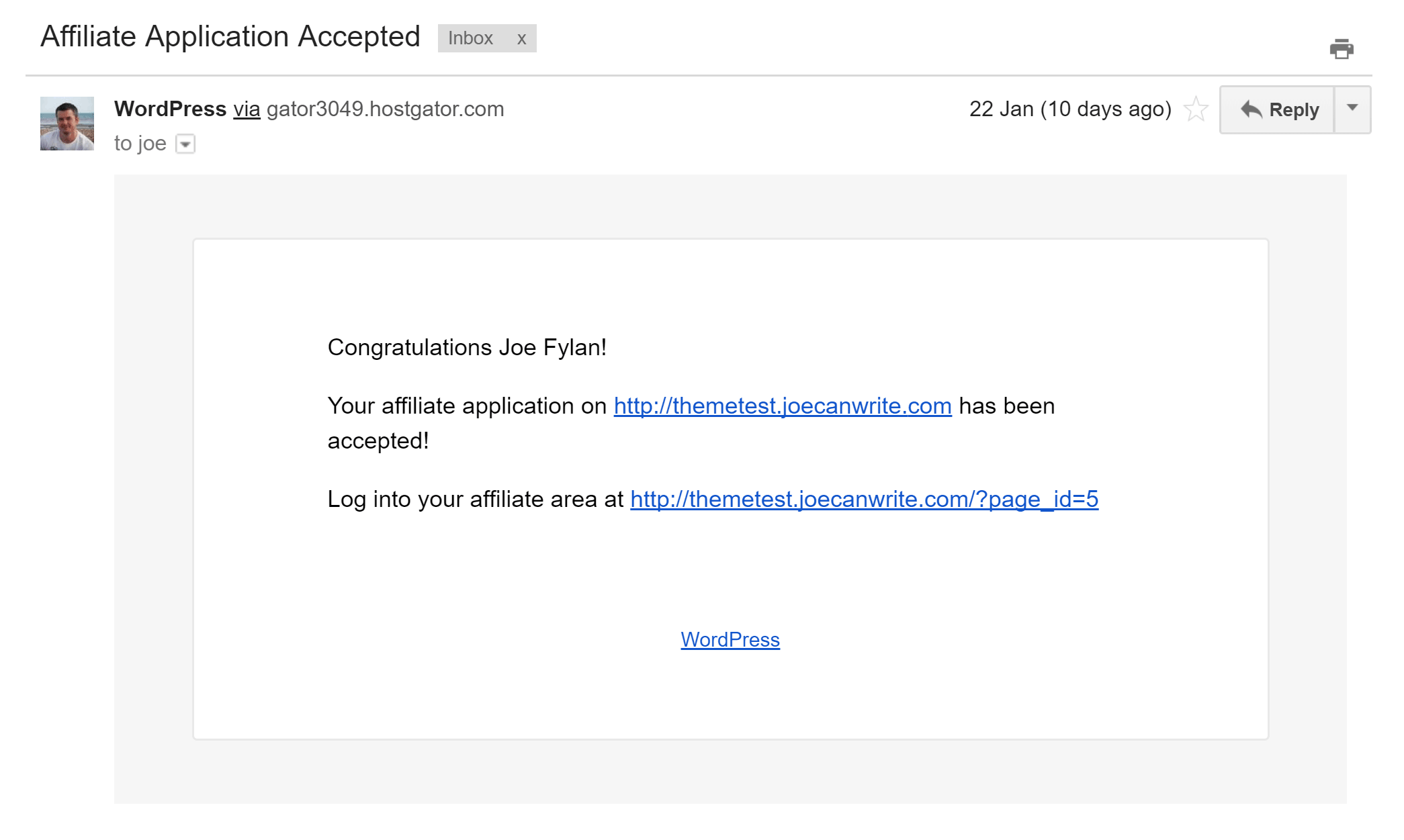 Application acceptance email