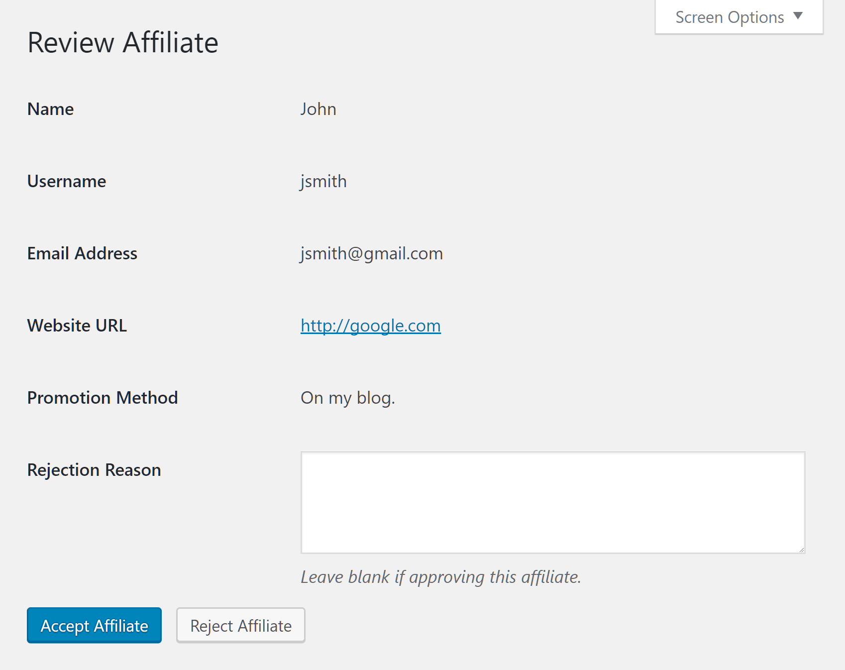 Review affiliate application screen 