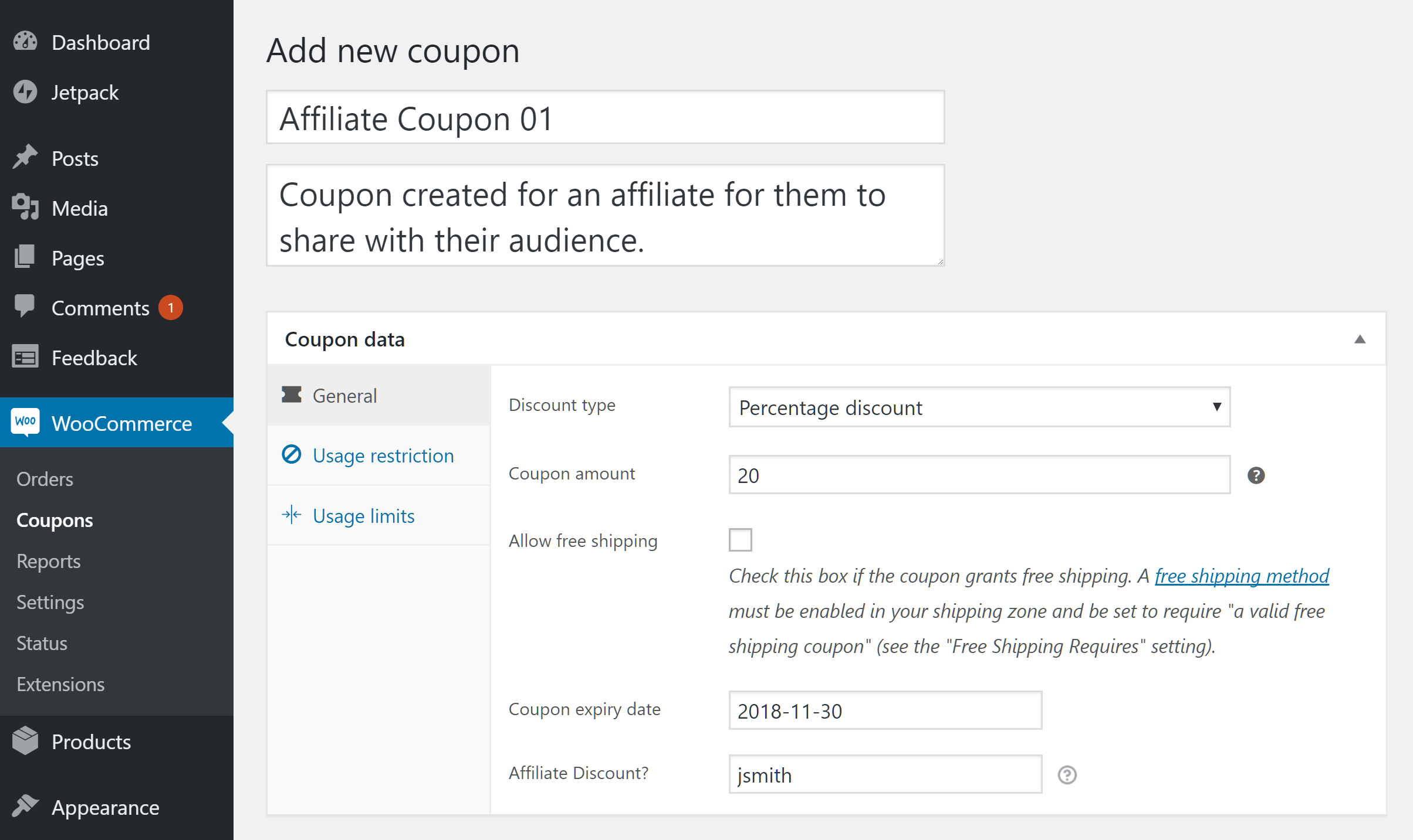 Creating a WooCommerce coupon for an affiliate