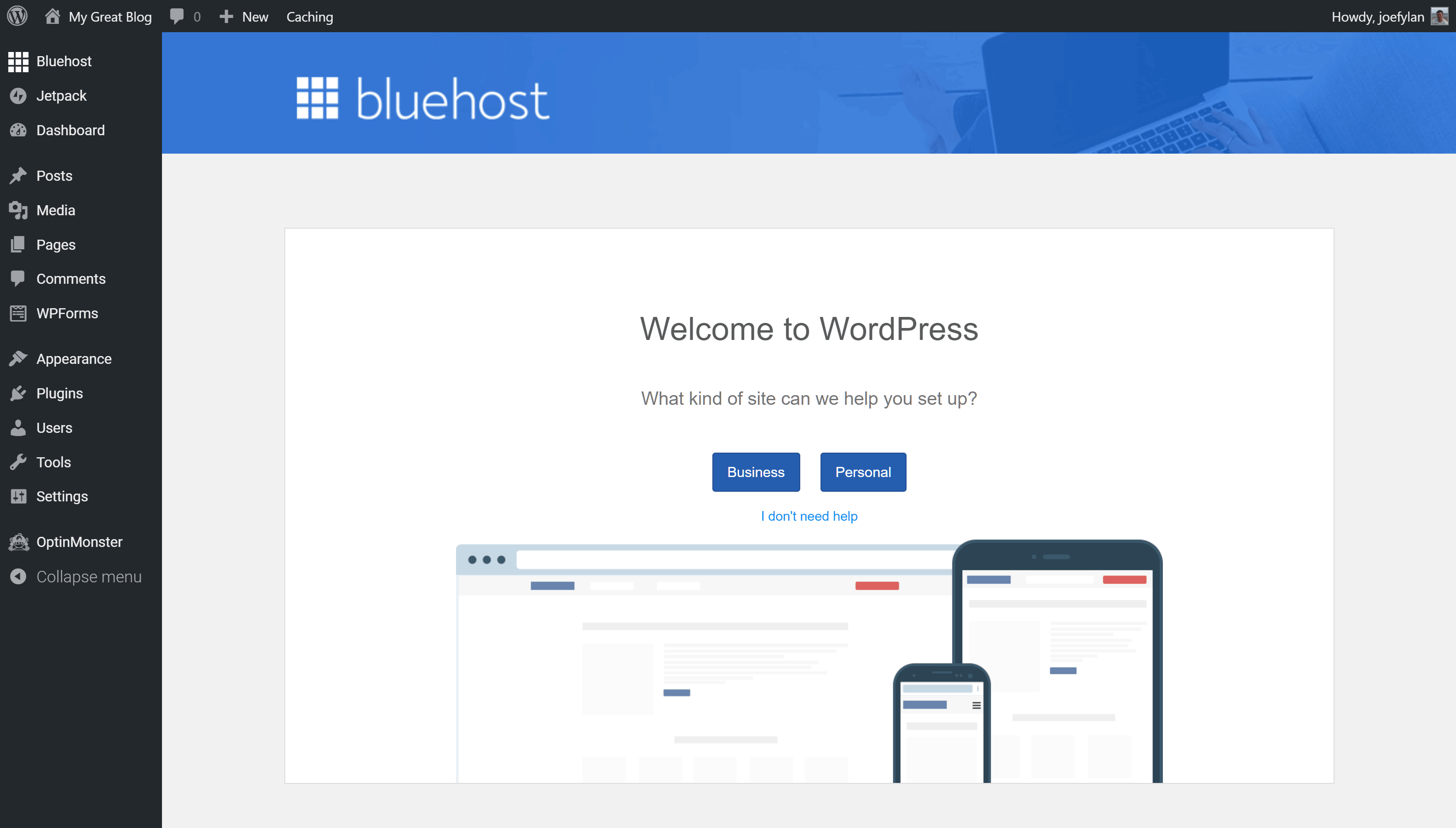 Bluehost New Website Welcome Screen