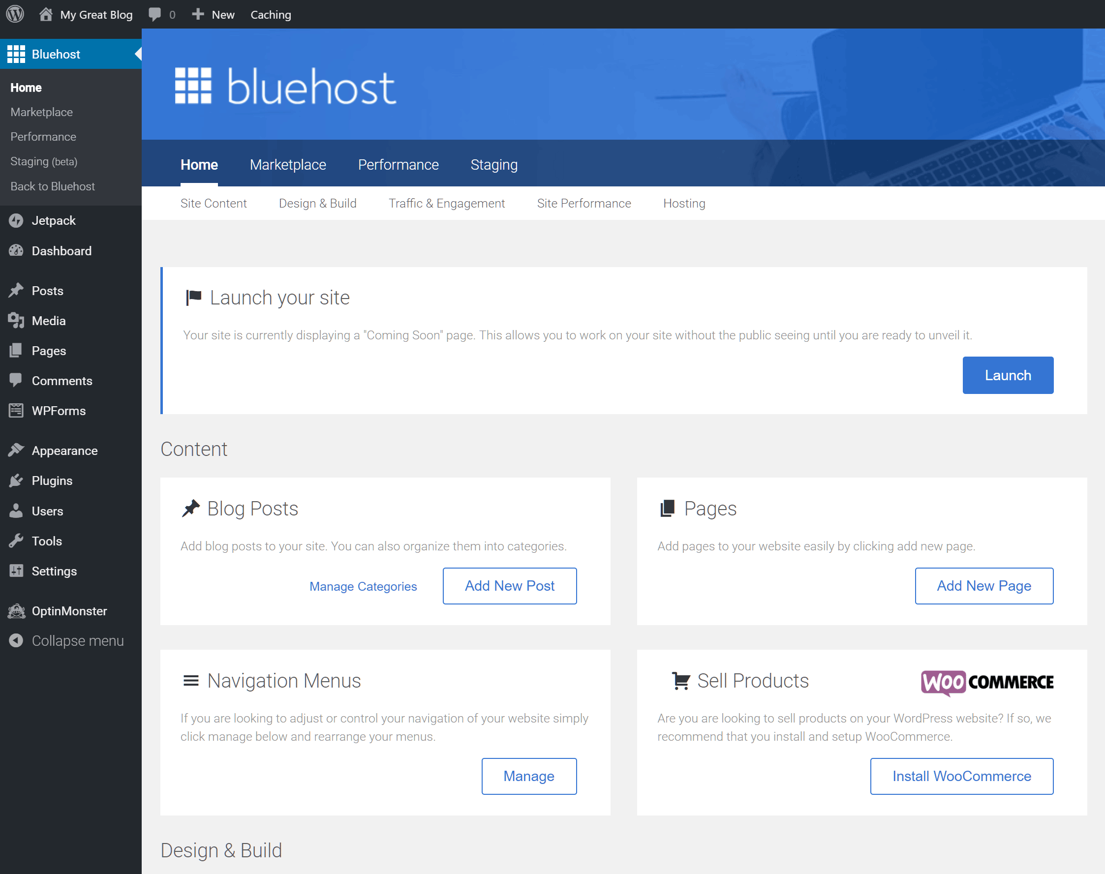 Bluehost WordPress Installation Dashboard