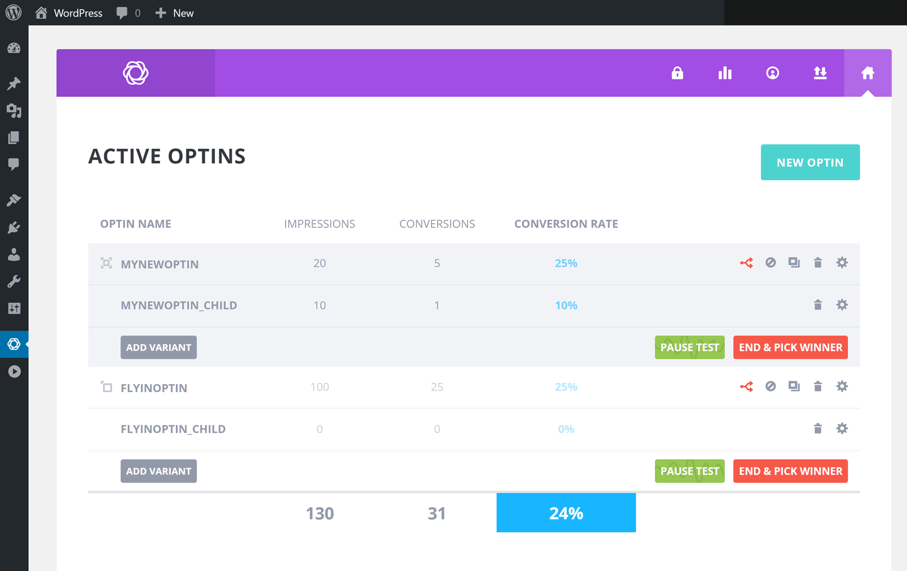 Active Optins Screen in Bloom