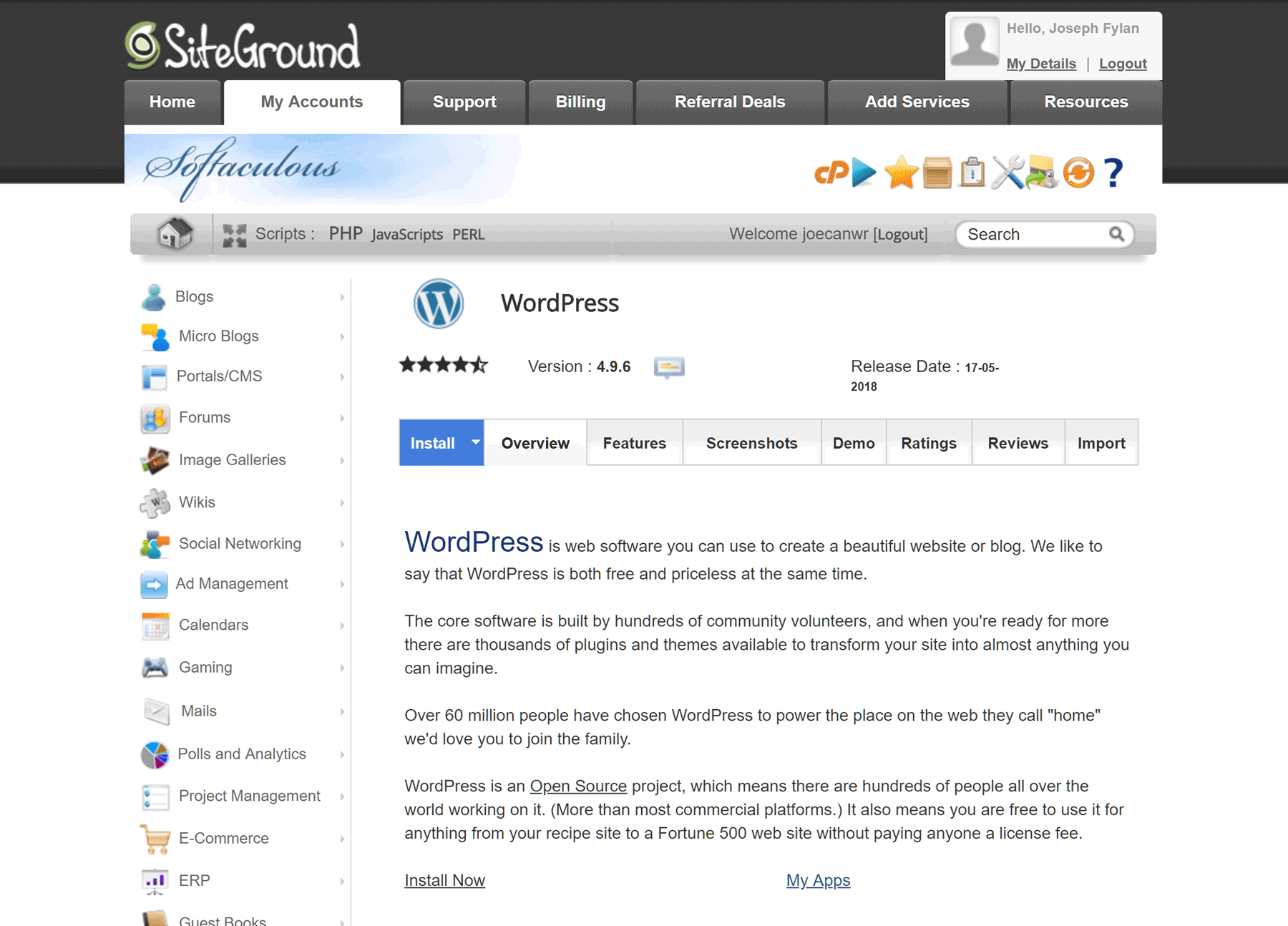 SiteGround WordPress Install Now Button