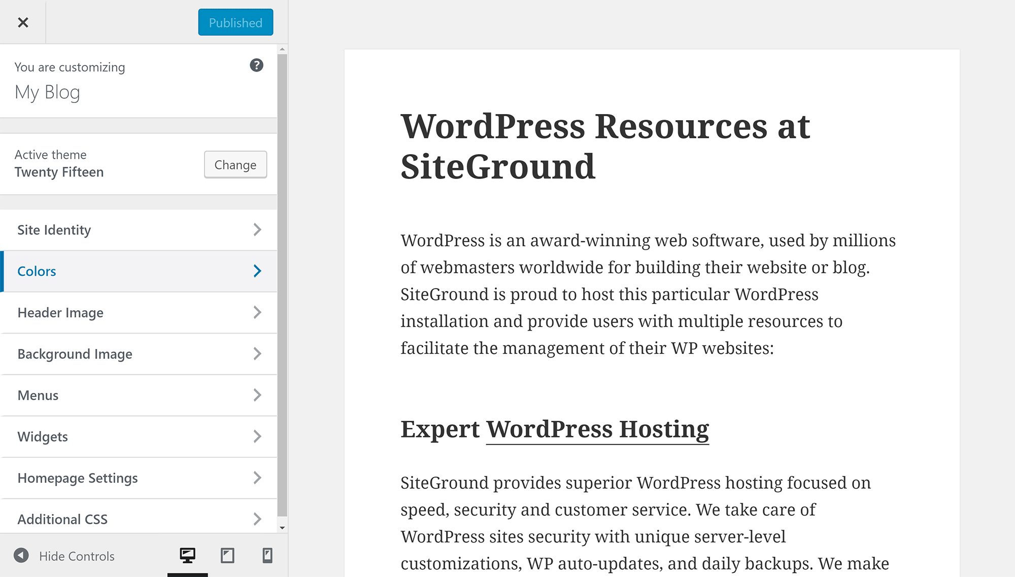 WordPress Customizer interface