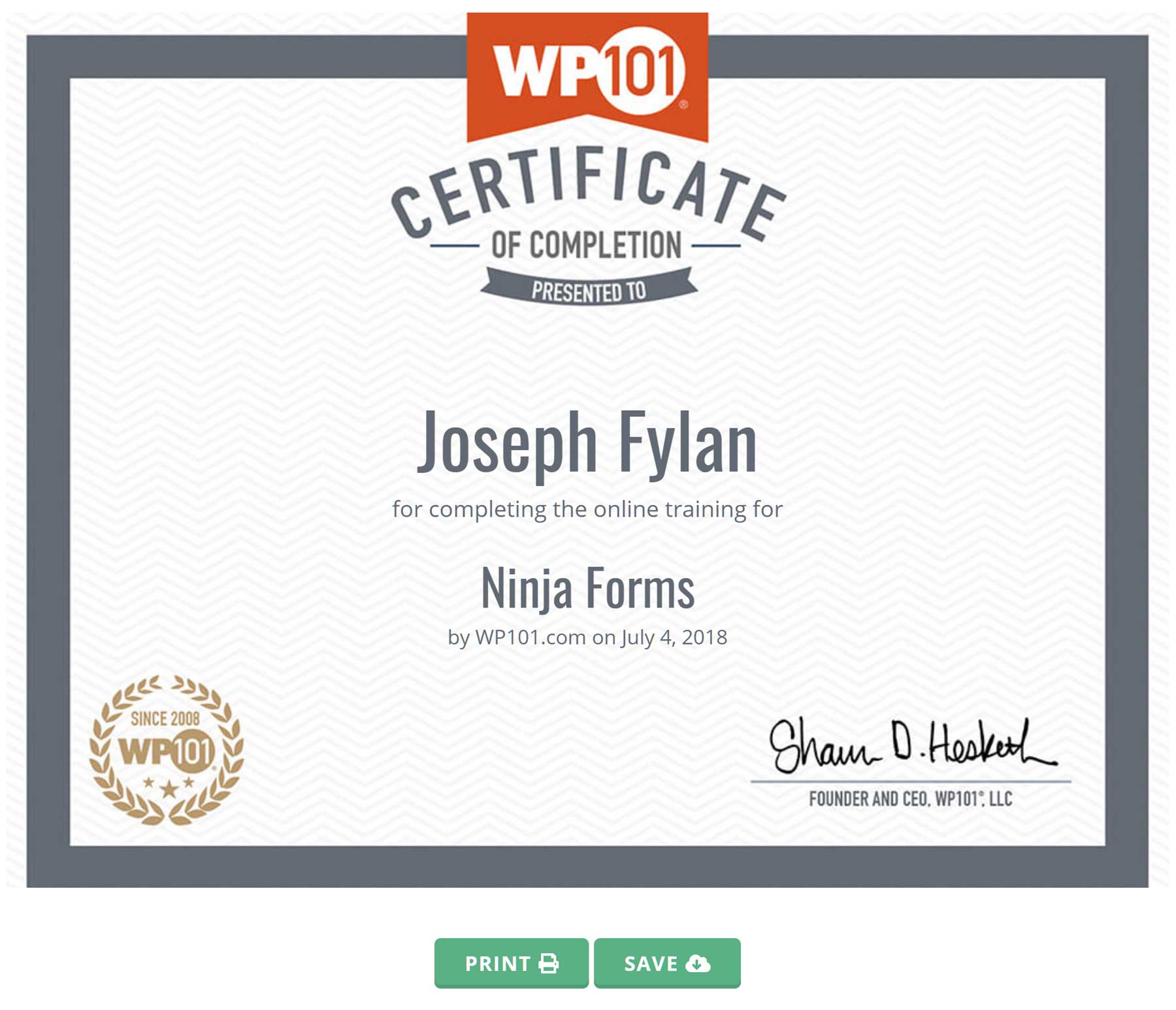Example WP101 WordPress Certificate