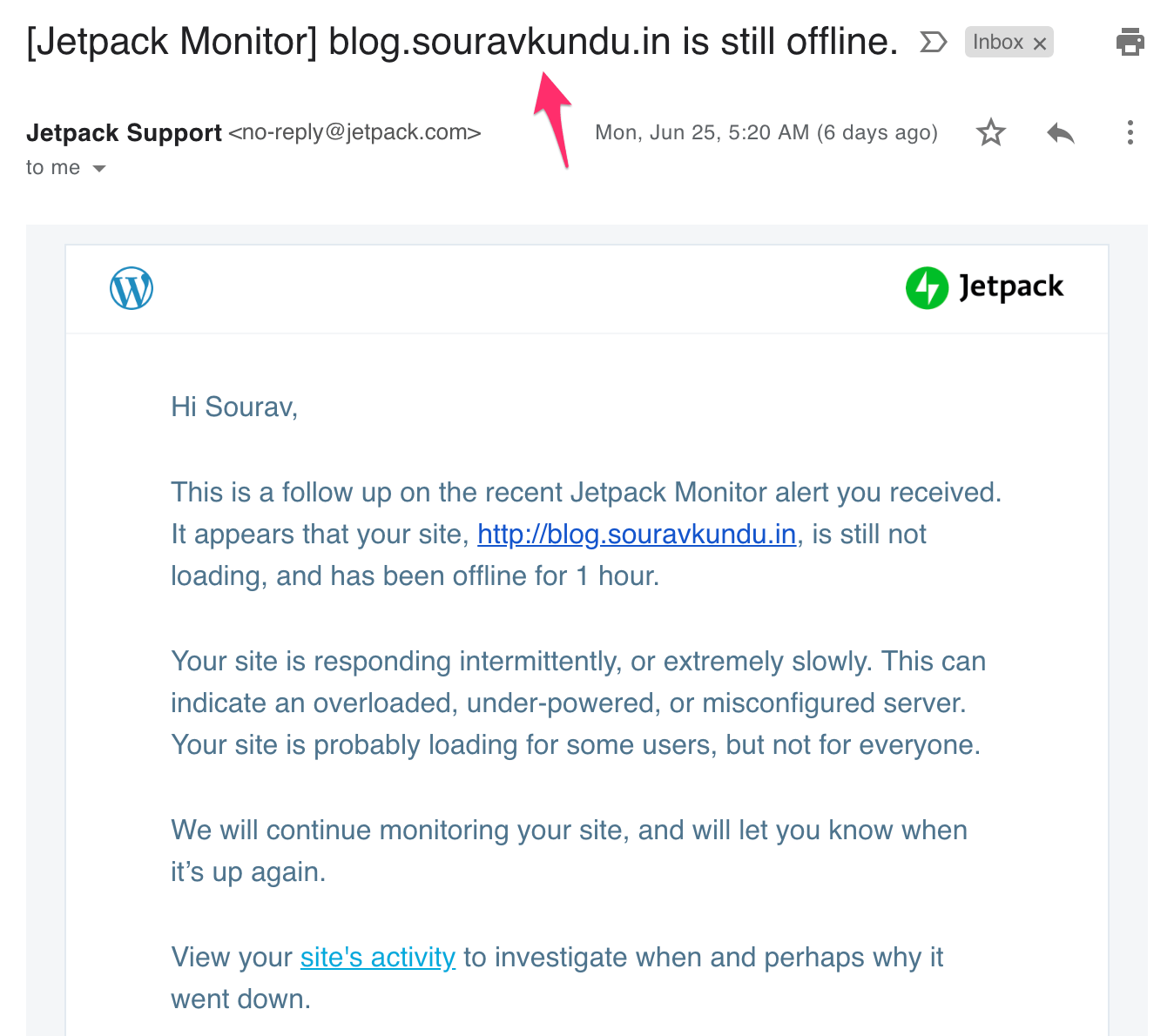 Downtime Monitoring Email Sent by Jetpack