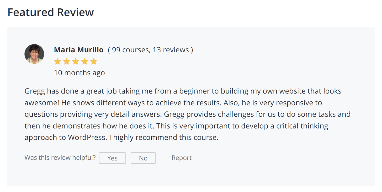 Example Udemy Course Featured Review