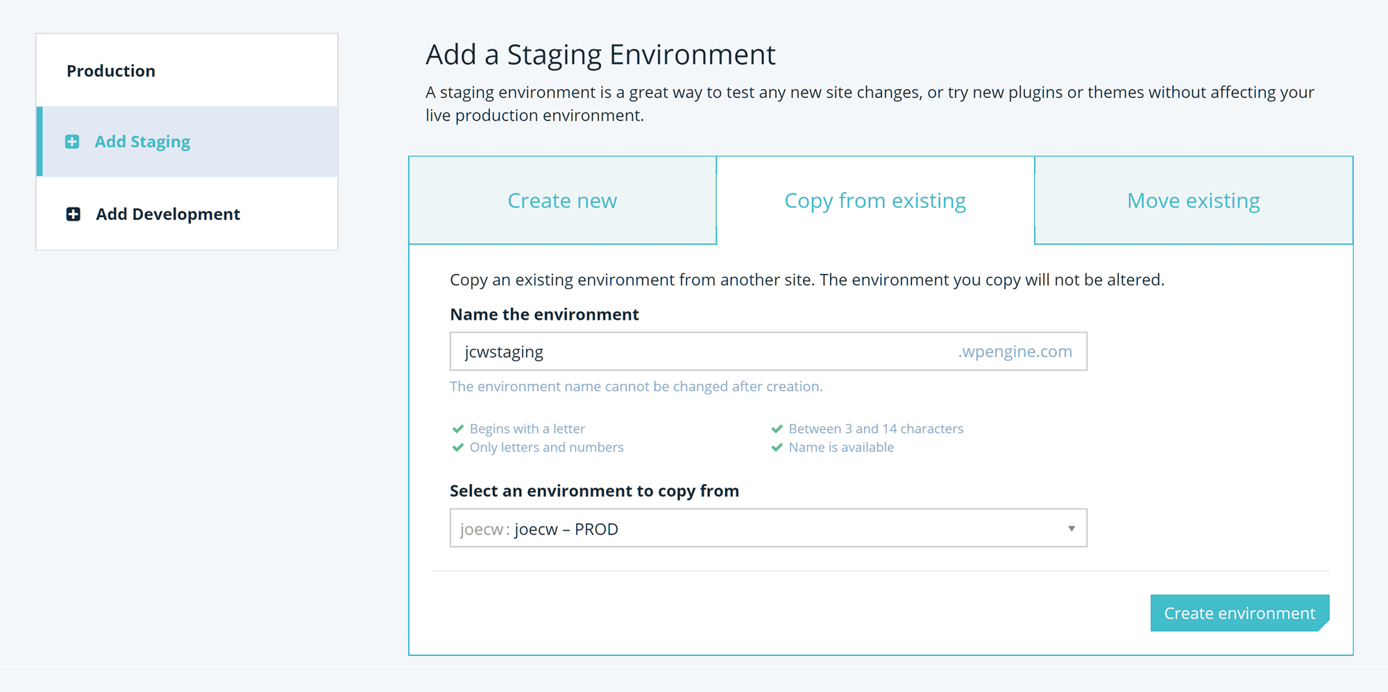 Create a Staging Site