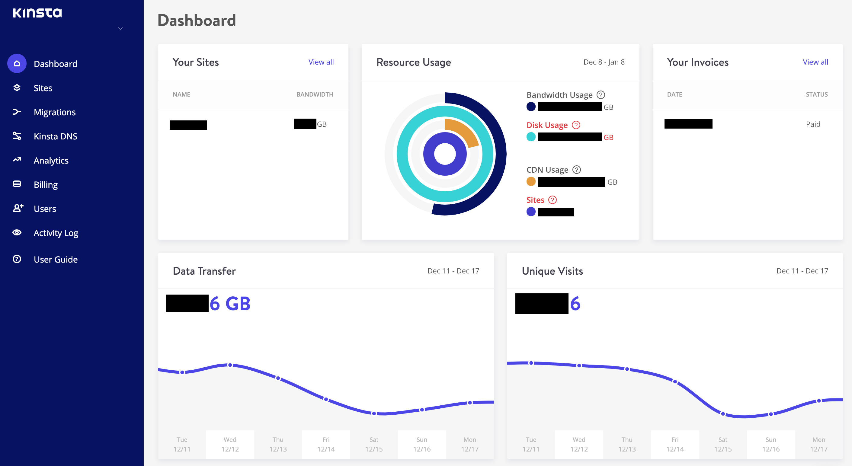 Kinsta dashboard