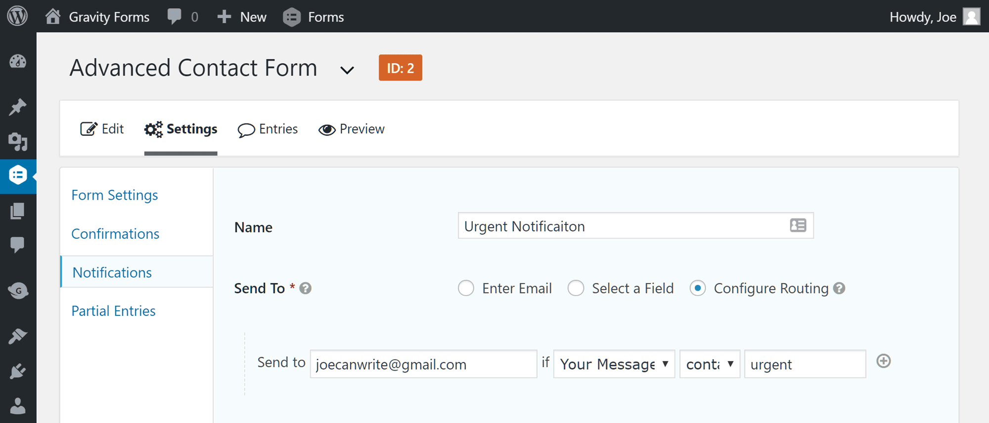 Form Entry Notifications Settings