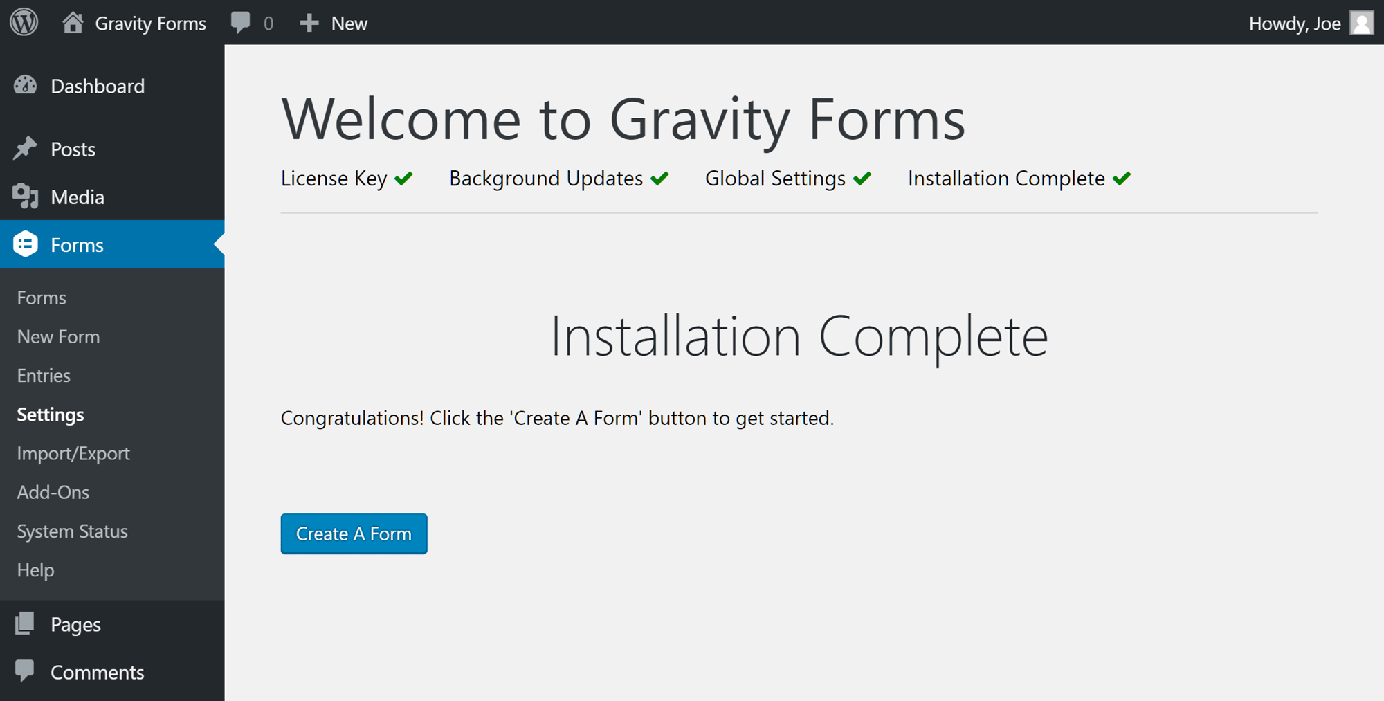 Gravity Forms Welcome Screen