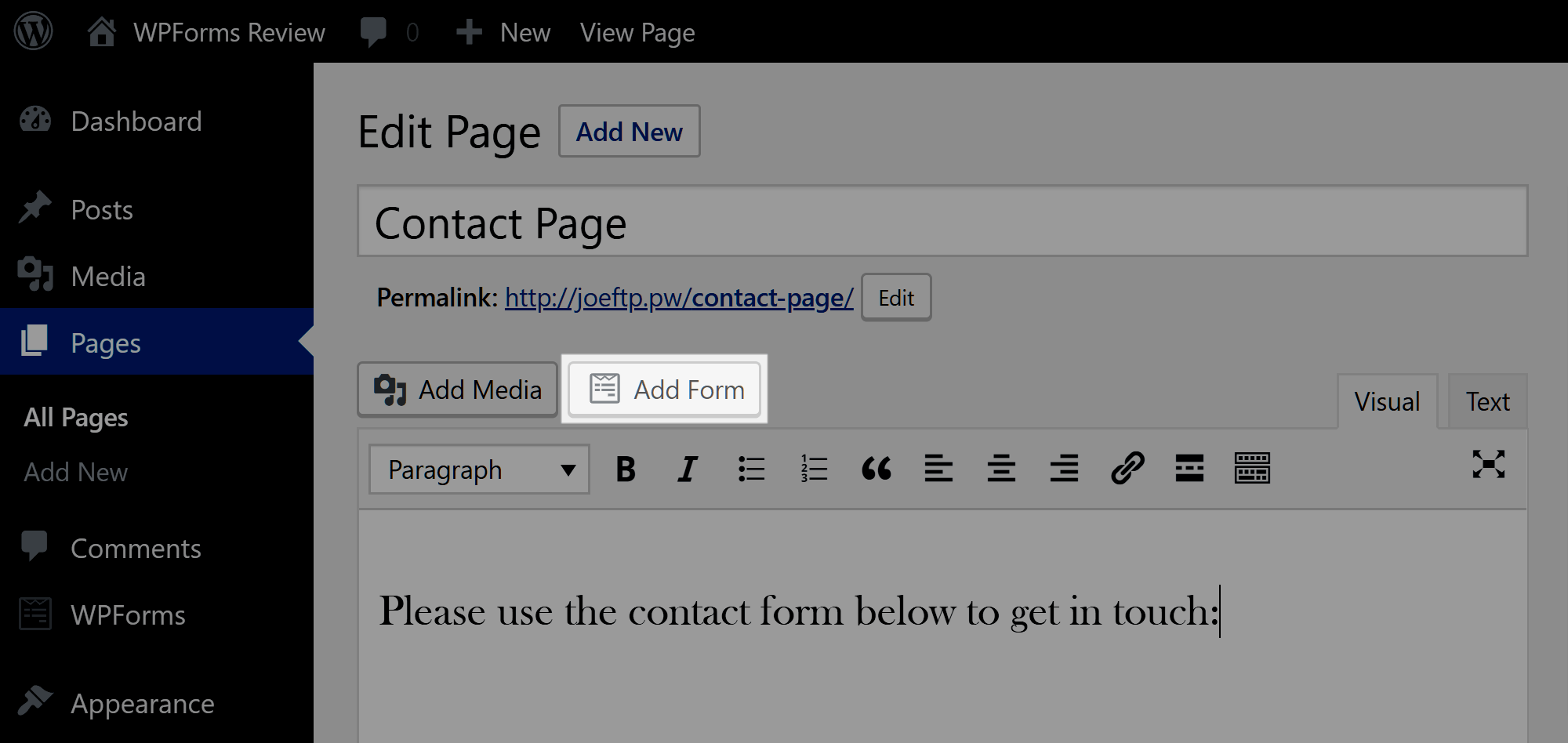 WPForms Add Form Button