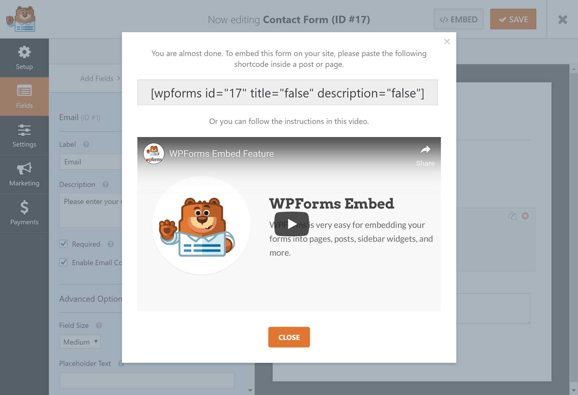 The WPForms shortcode