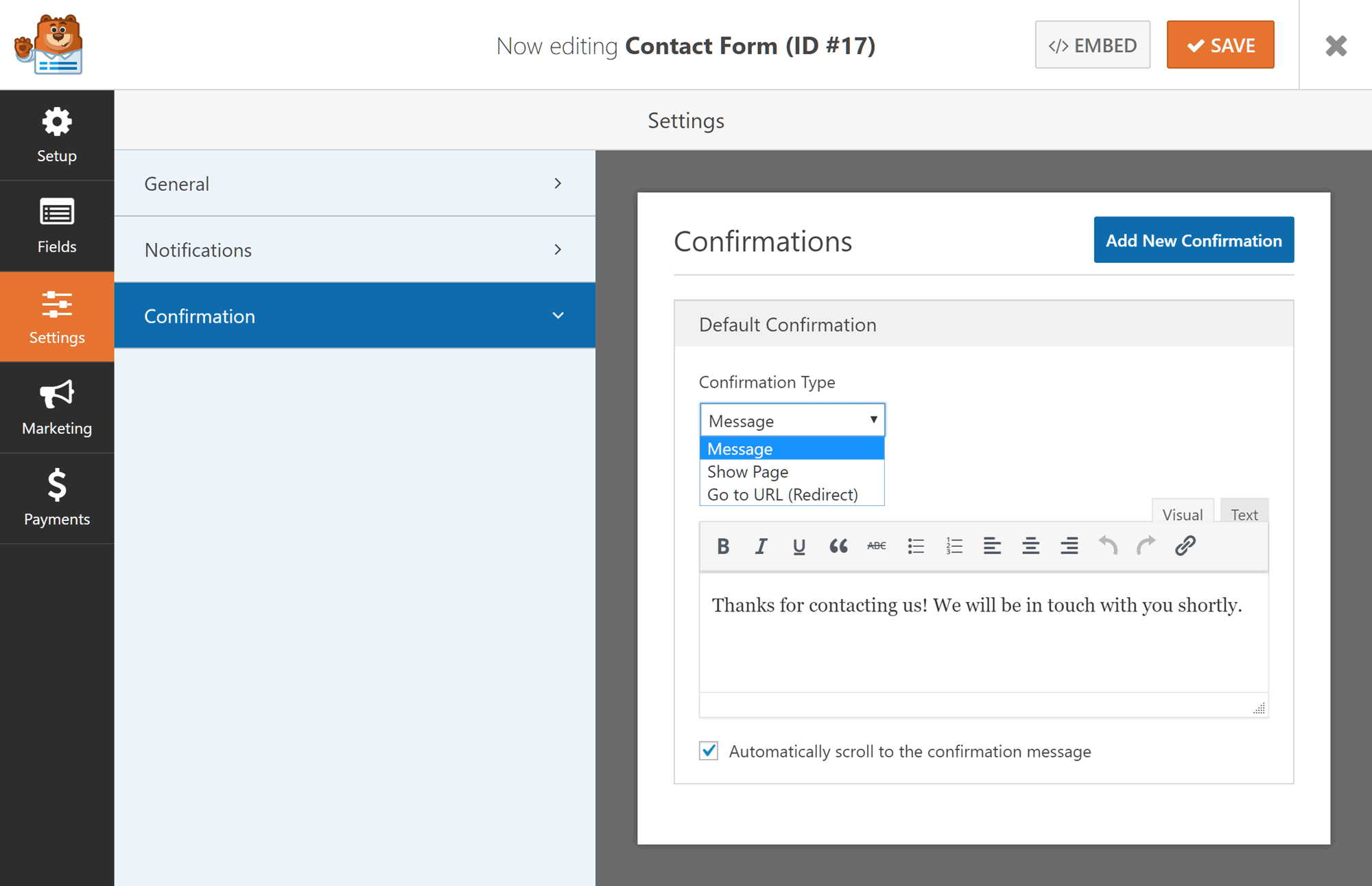 Form Confirmation Settings