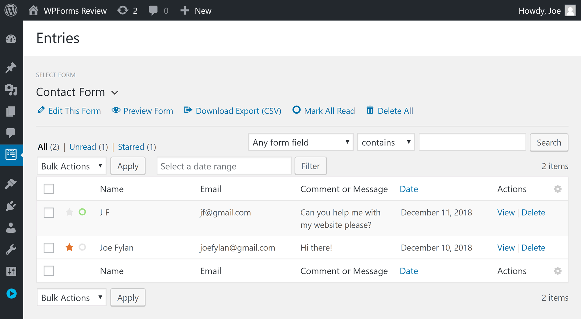 Viewing Form Entries