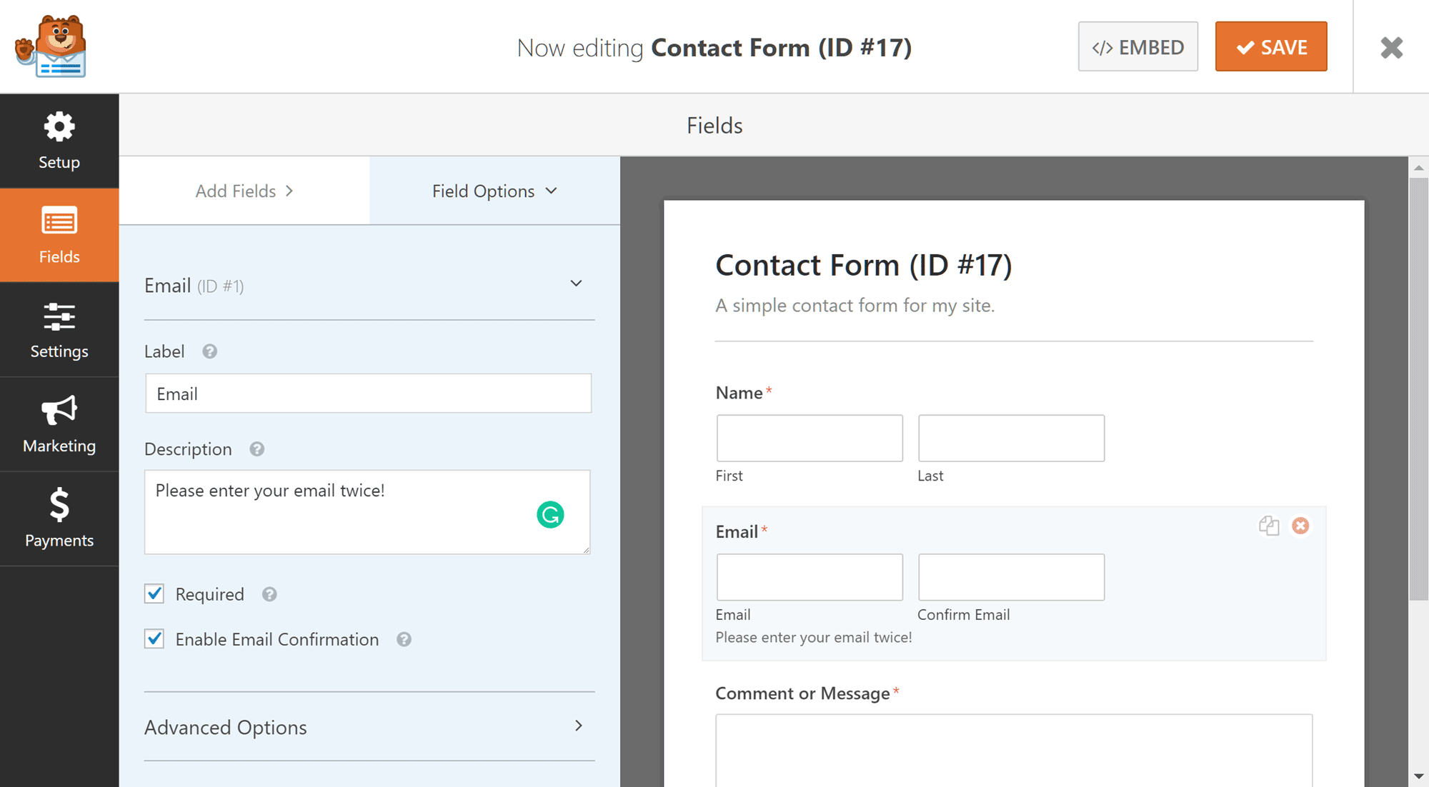 Email Form Field Settings