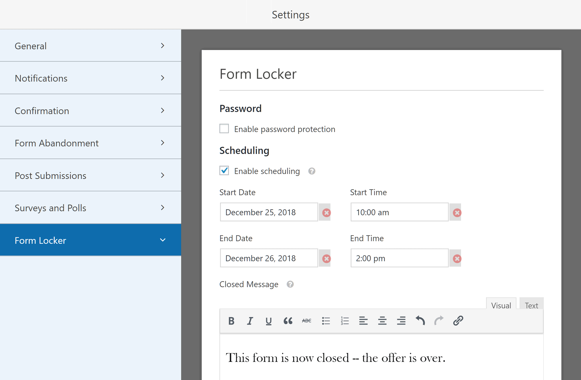 Form Locker Settings