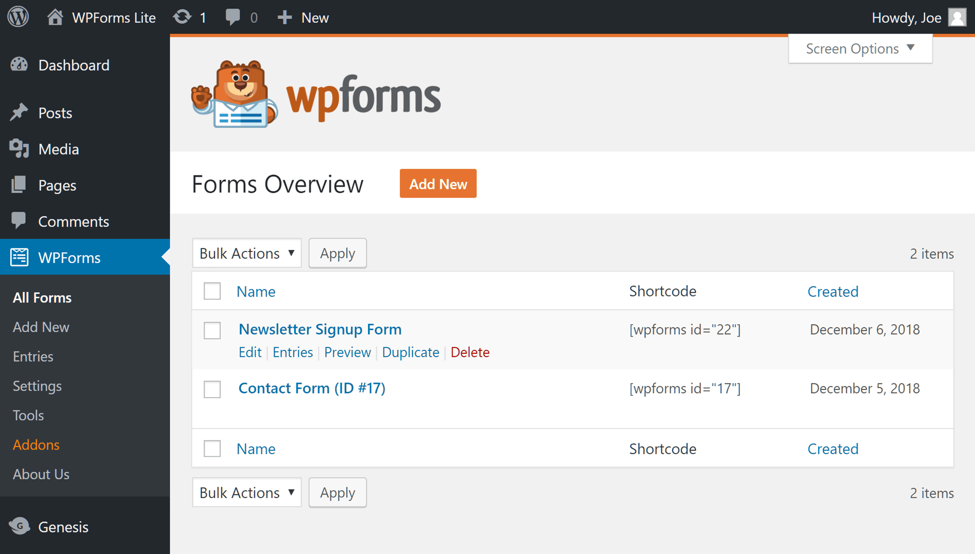 Form Management Screen