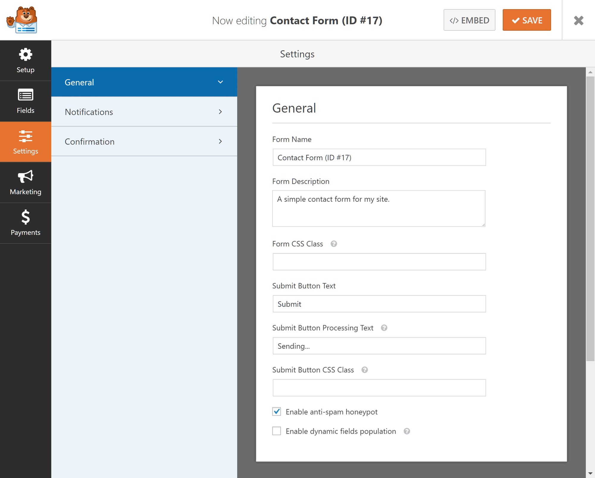 WPForms Contact Form Settings