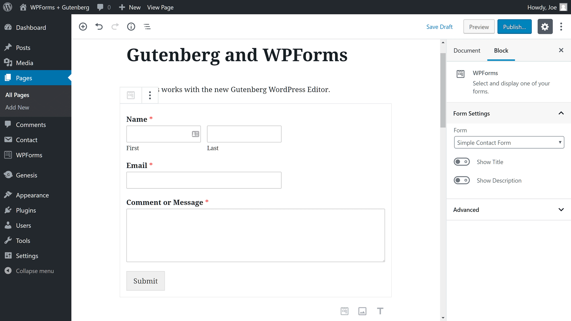Displaying a form in the Gutenberg editor 