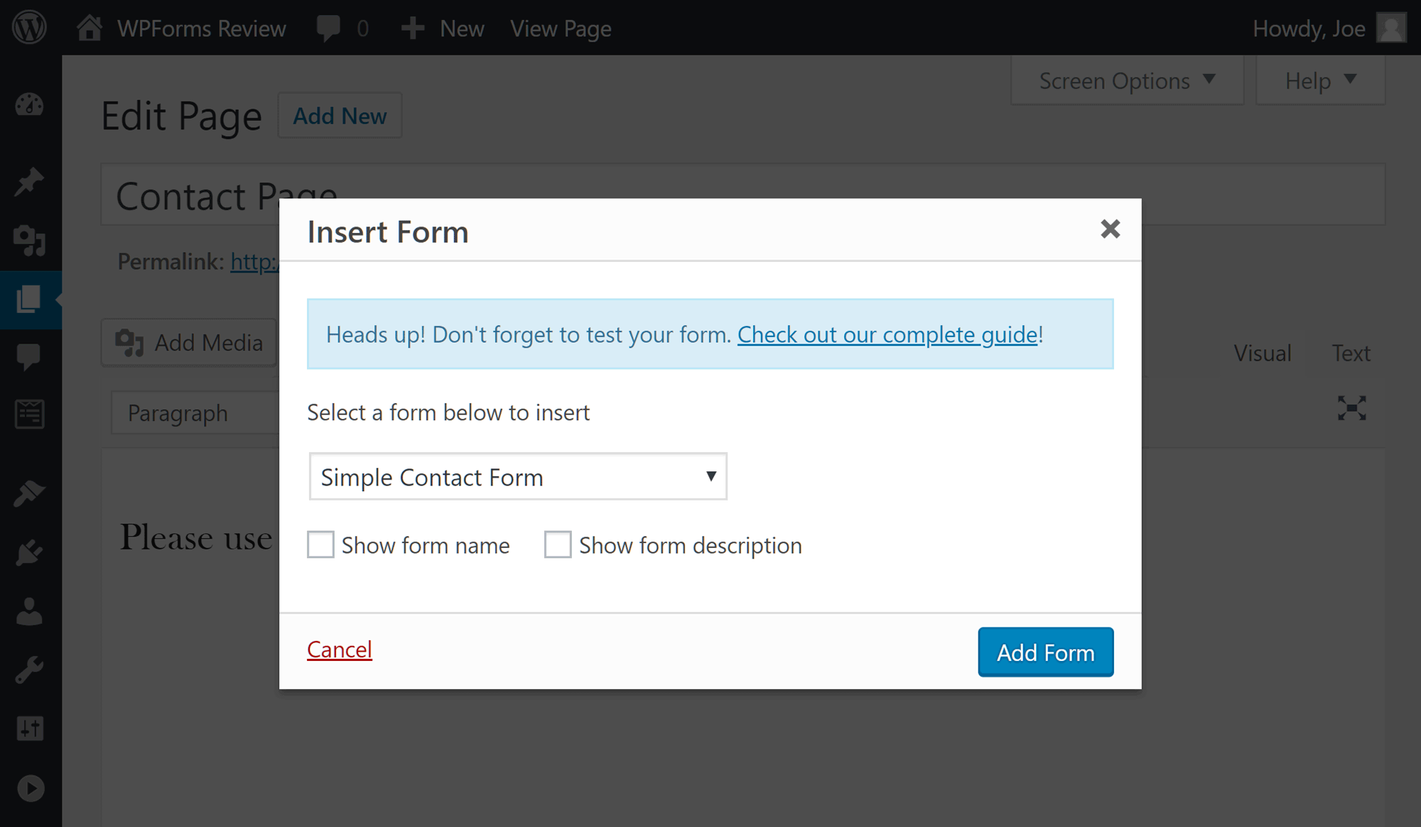 Insert Form Dialogue Box