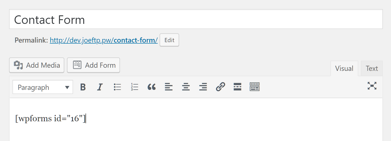 The WPForms form shortcode