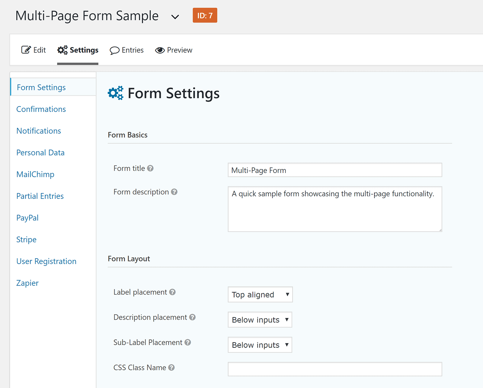 Gravity Form Settings Page