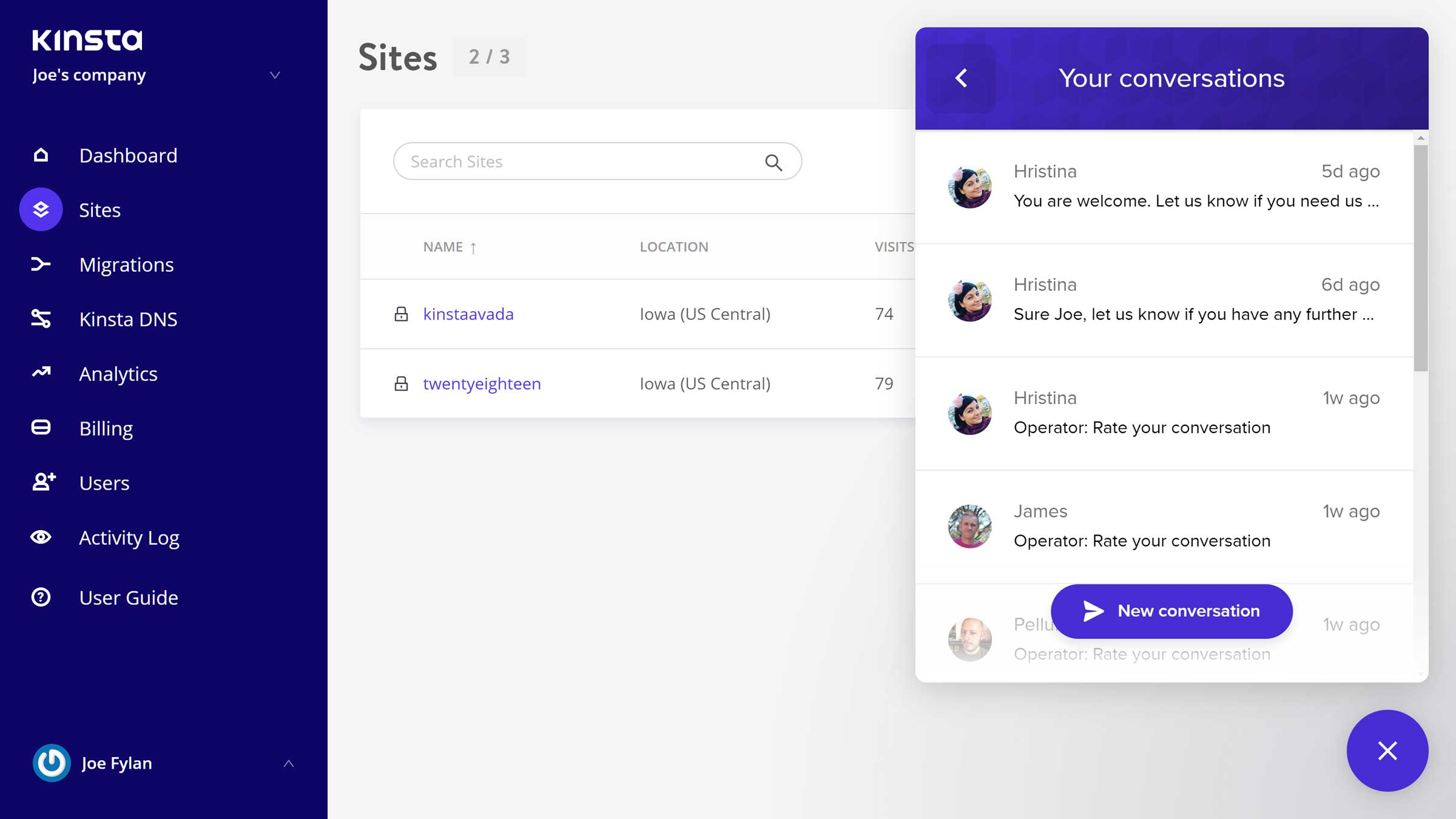 Live Chat Support Channel from Kinsta 