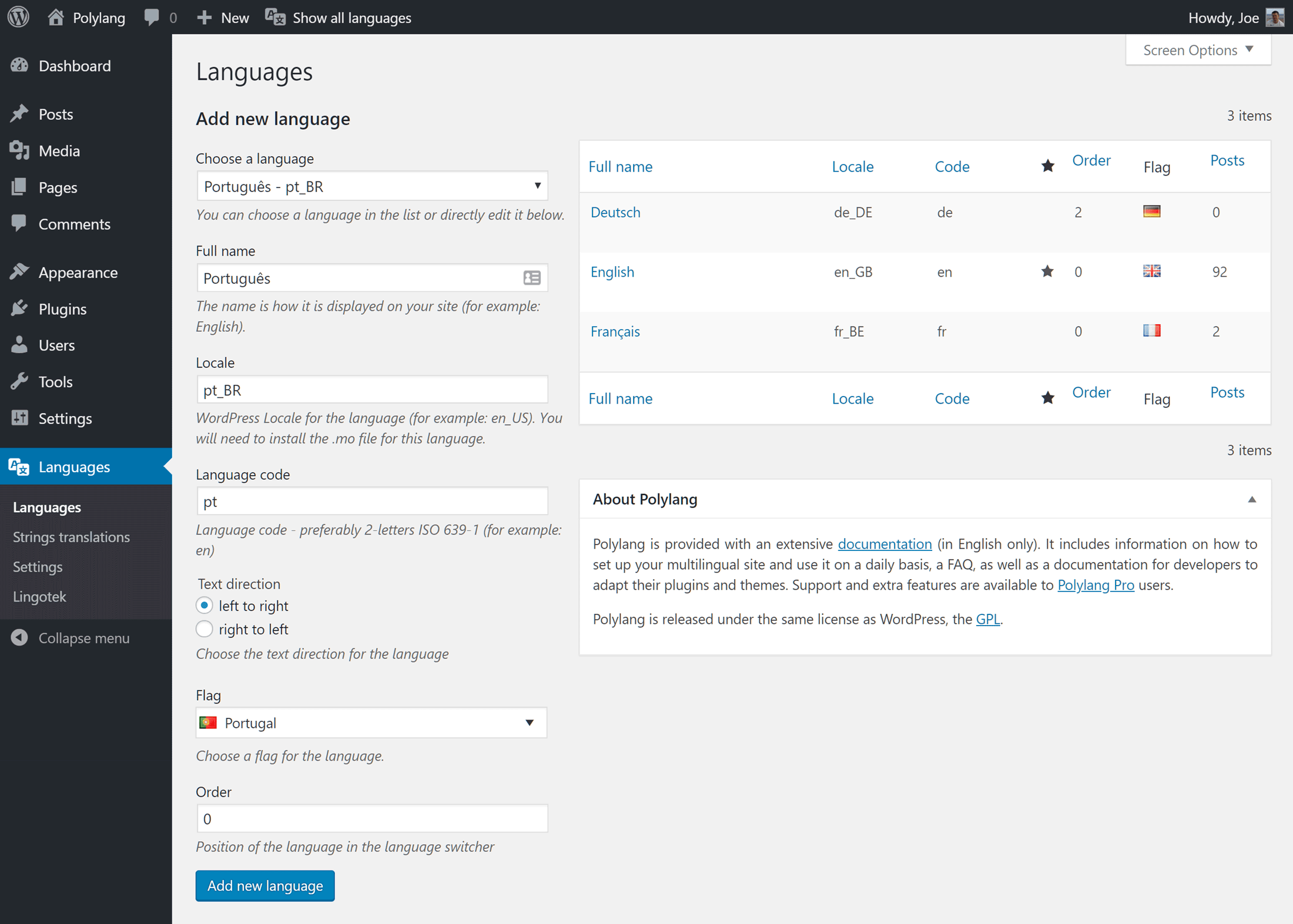 Polylang Add Languages Screen