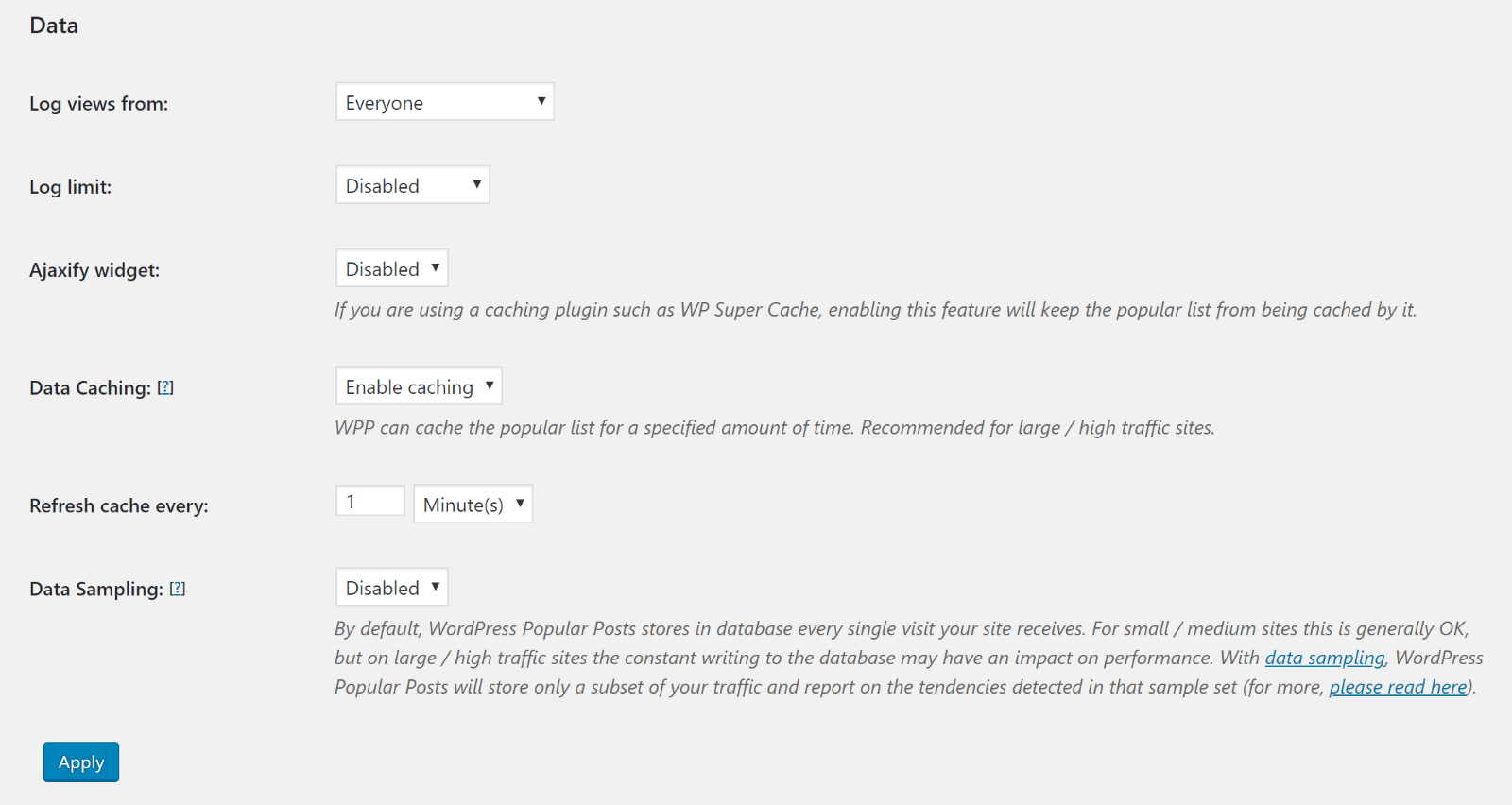 WordPress Popular Posts settings