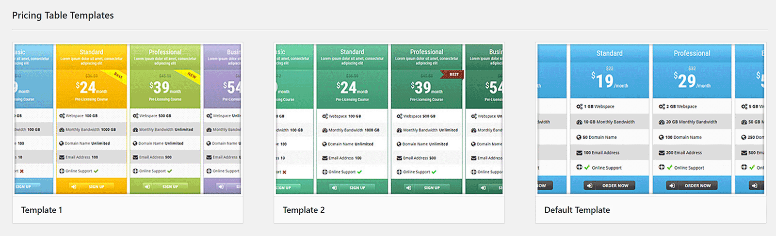 WRC Pricing Tables Templates