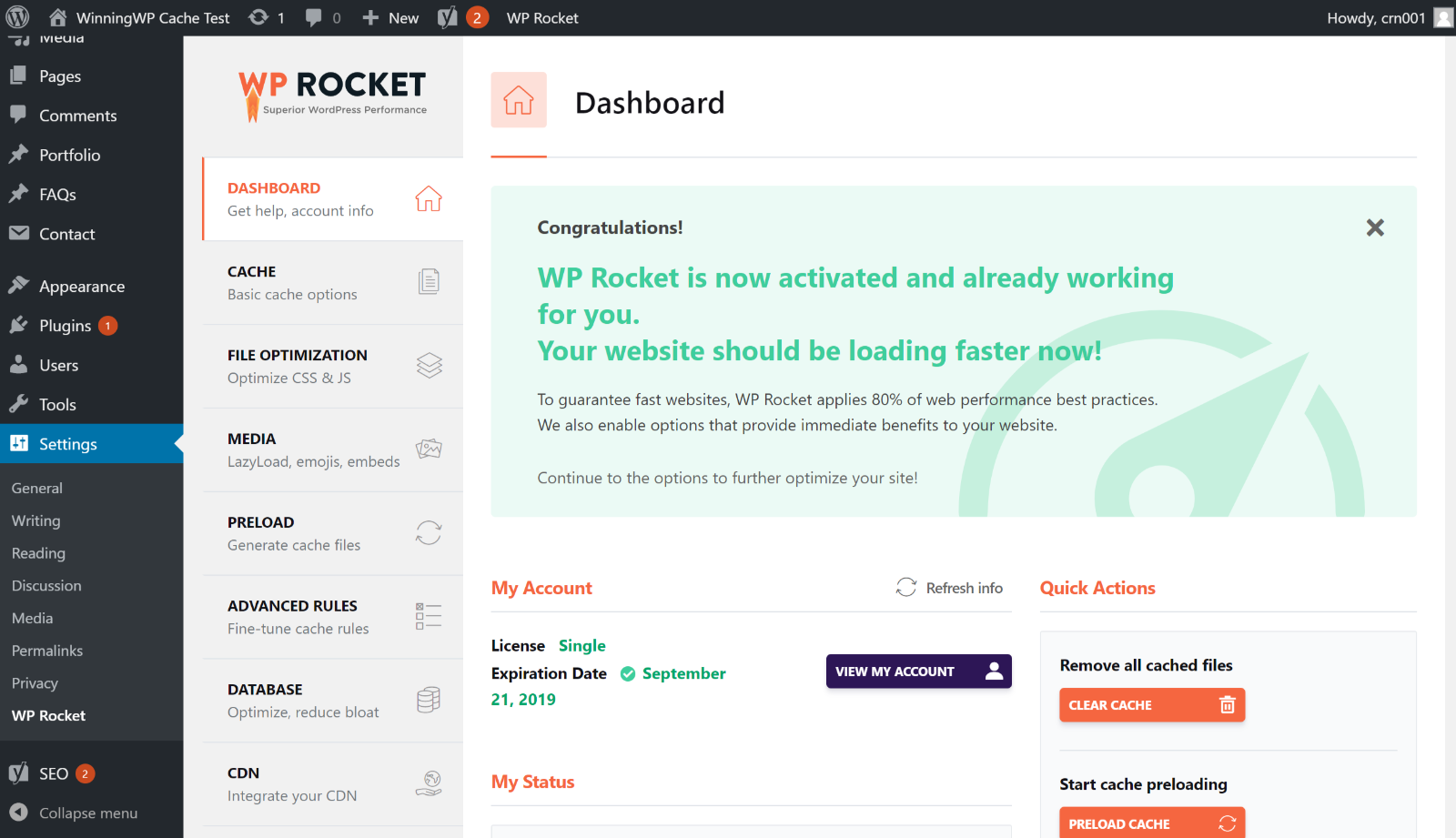 WP Rocket Dashboard