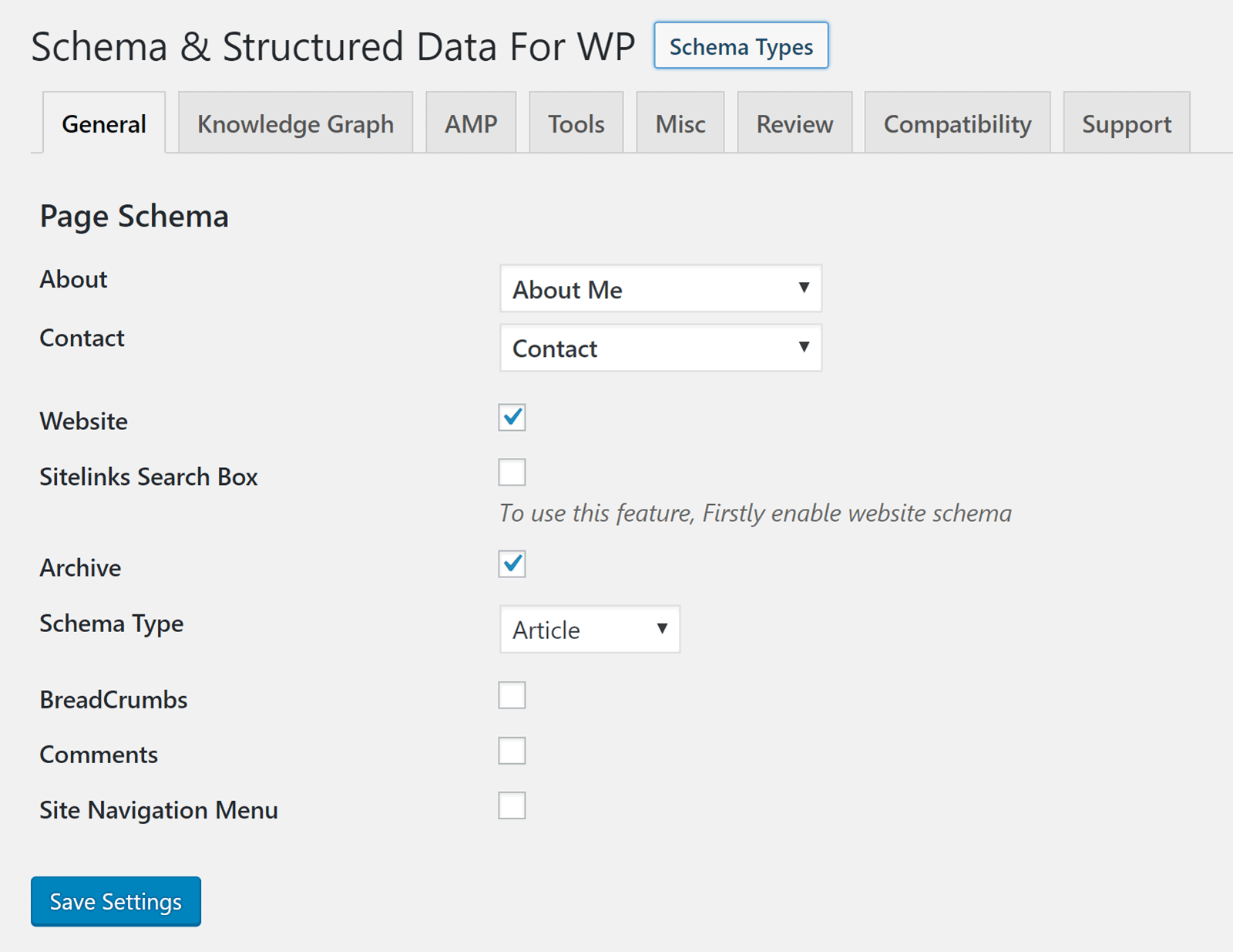 Settings for Schema & Structured Data for WP & AMP 