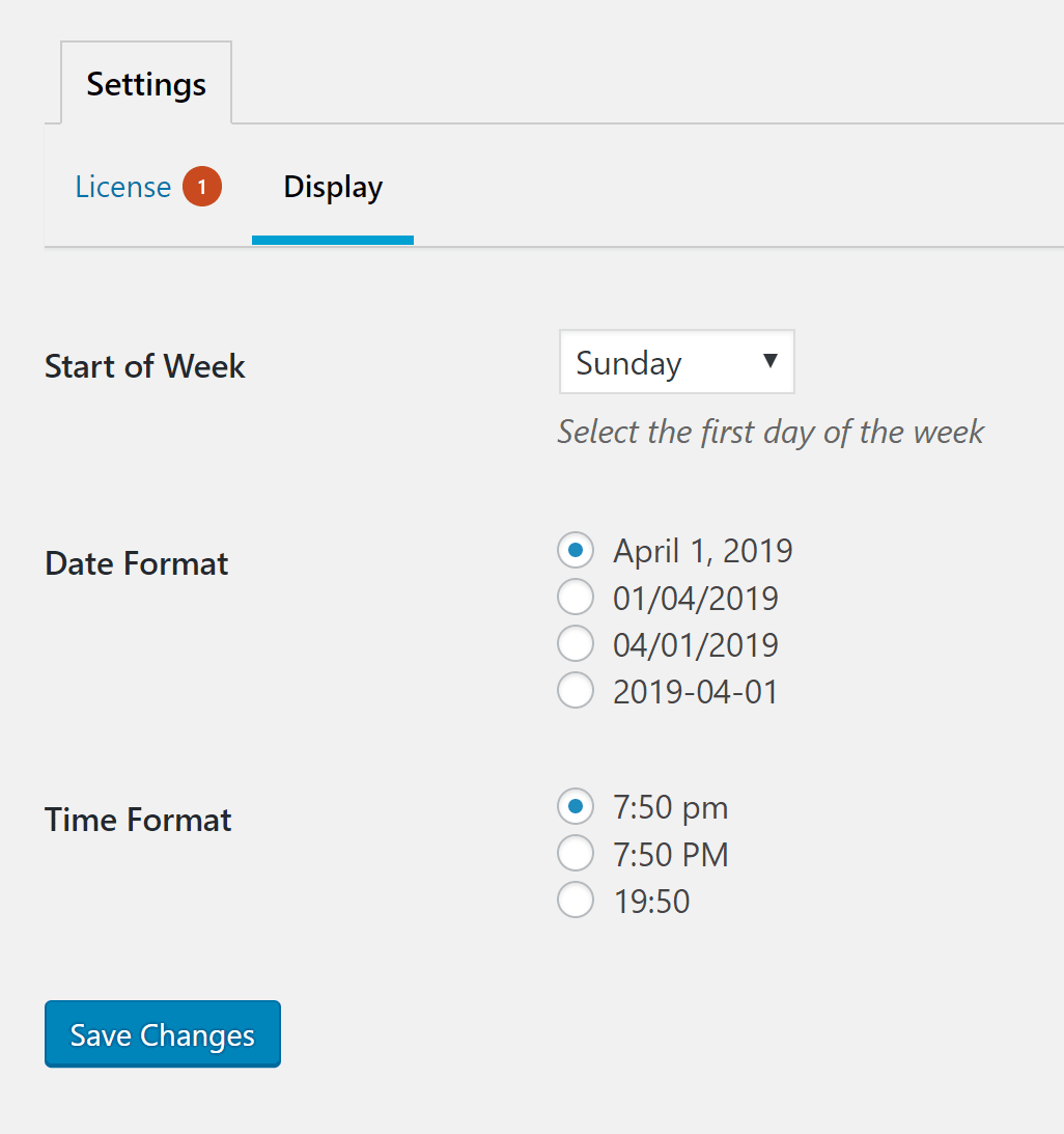 Sugar Calendar Display Settings