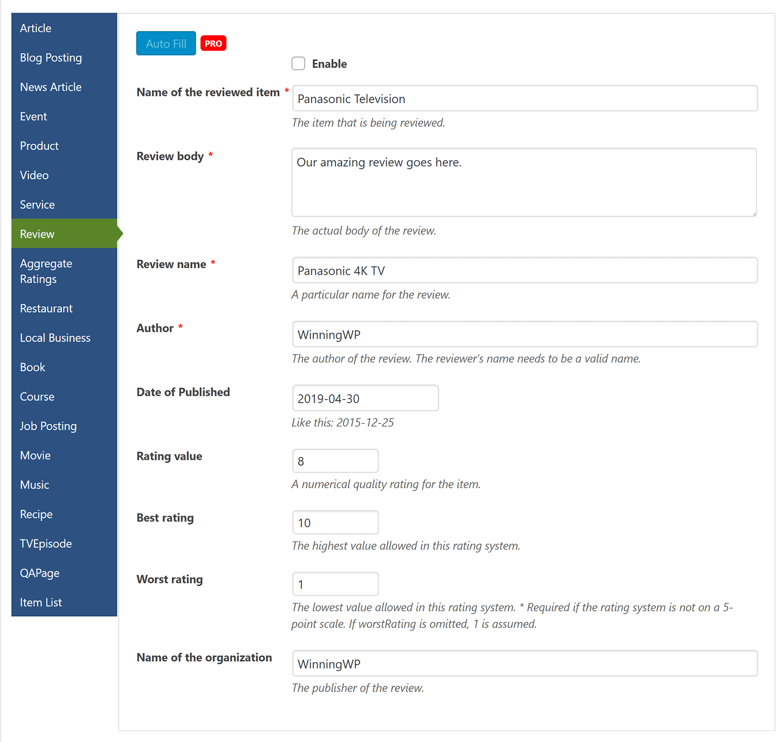 WP SEO Structured Data Schema Review Settings