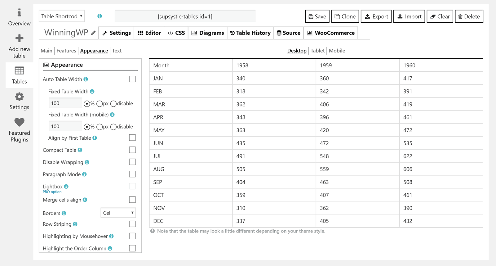 Data Tables Generator by Supsystic Appearance