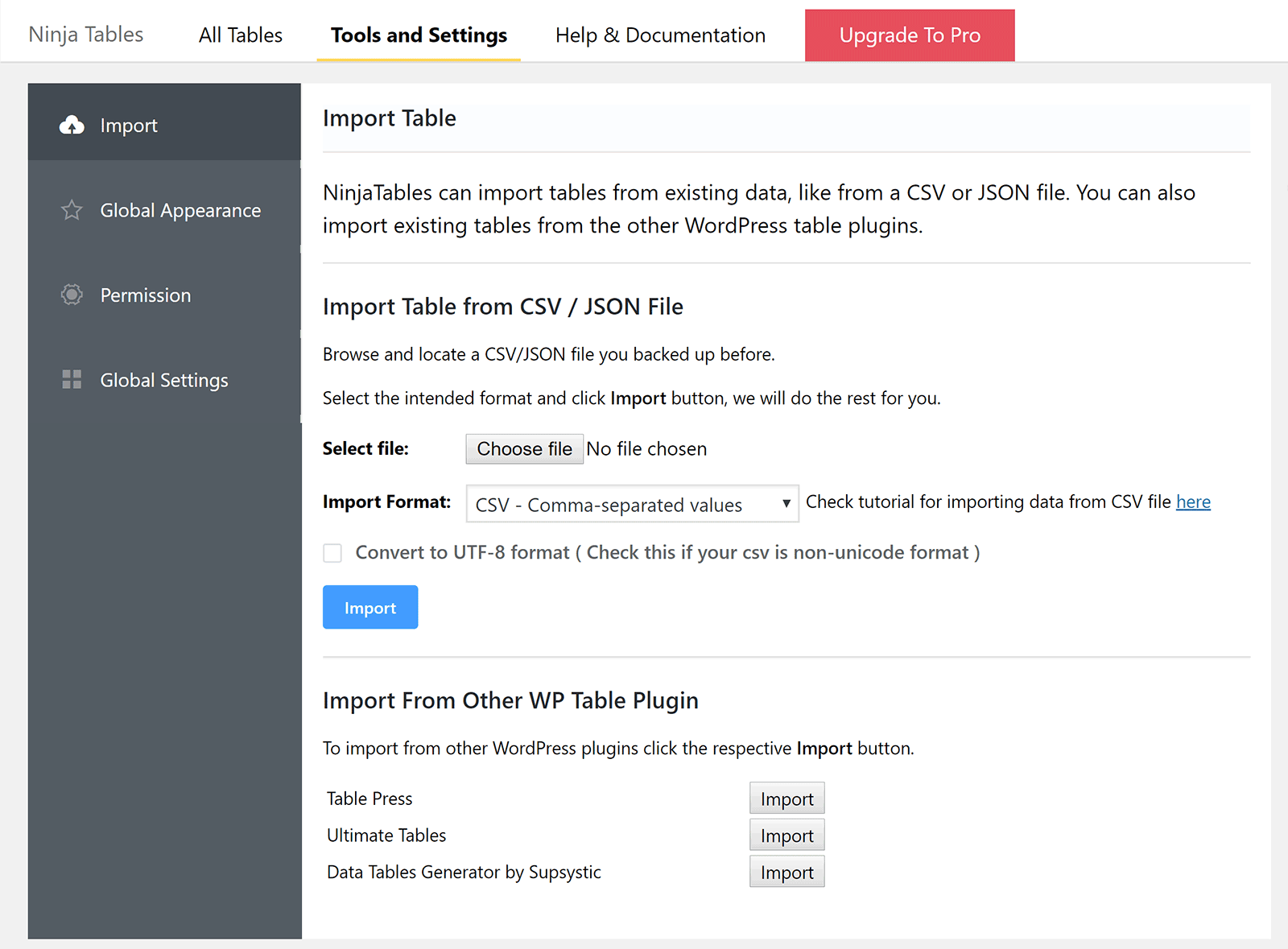 Importing a Table in Ninja Tables