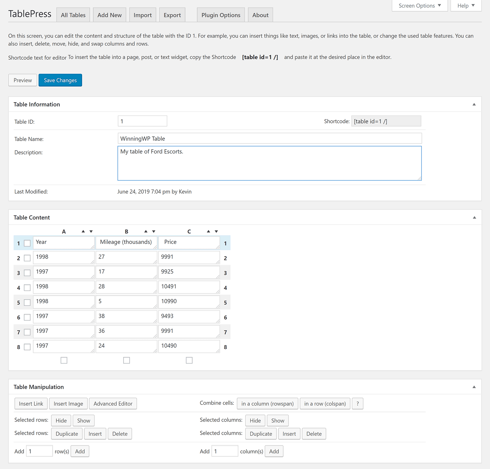 TablePress Table Data