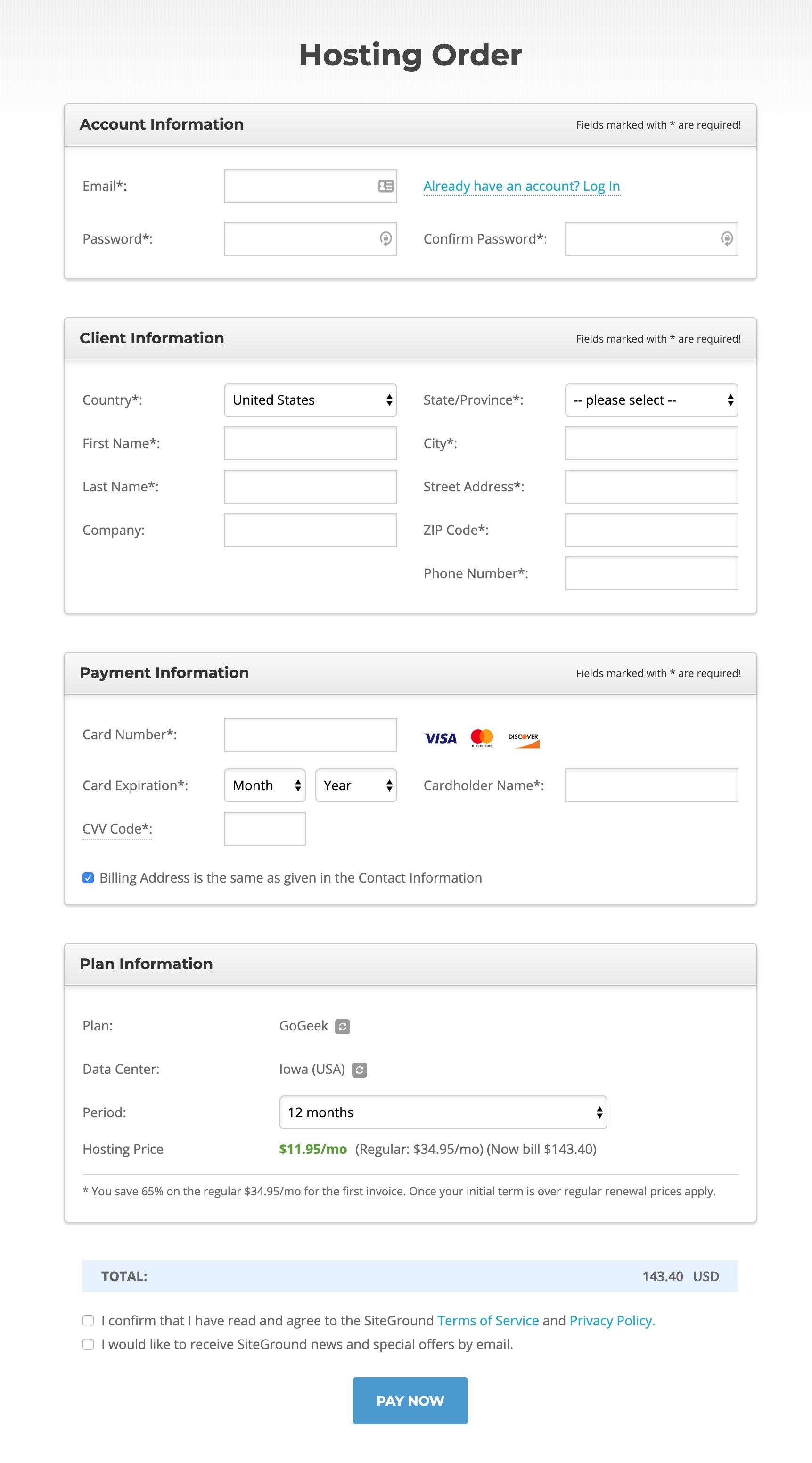 SiteGround payment form