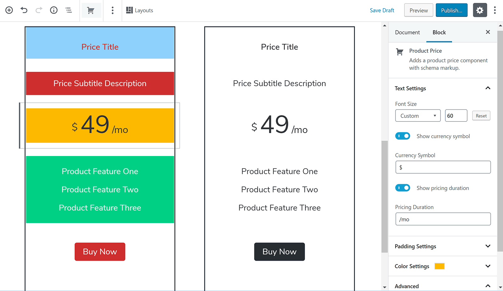 The Pricing Table Block