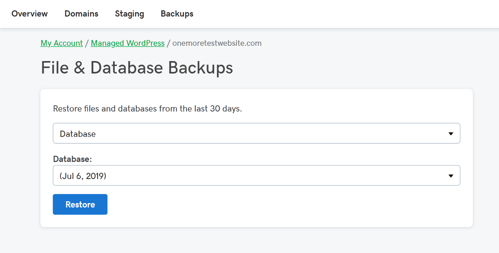 GoDaddy automatic backup and restore tool