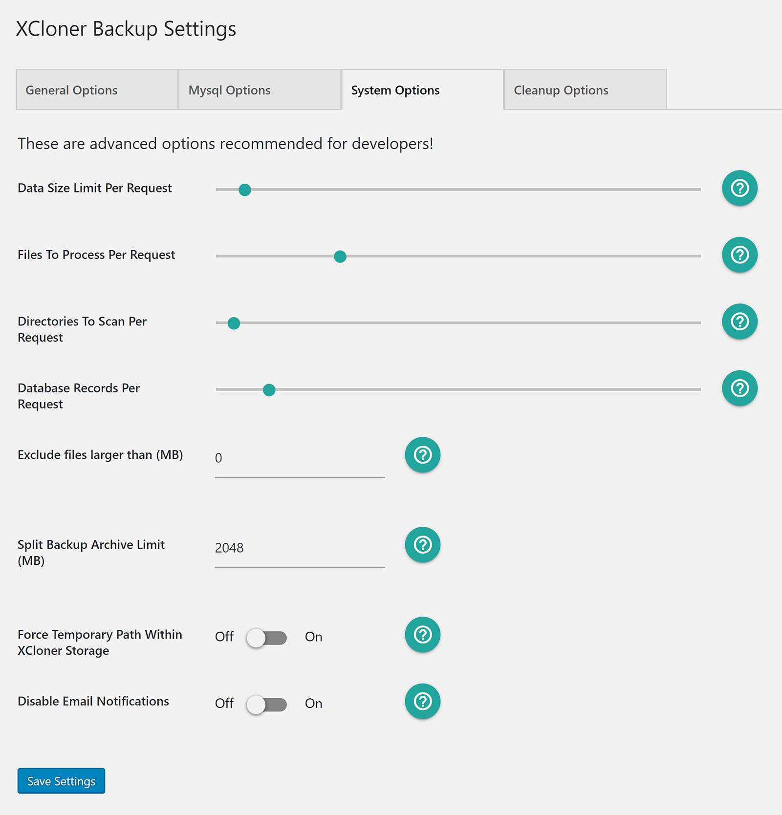 Options du système XCloner