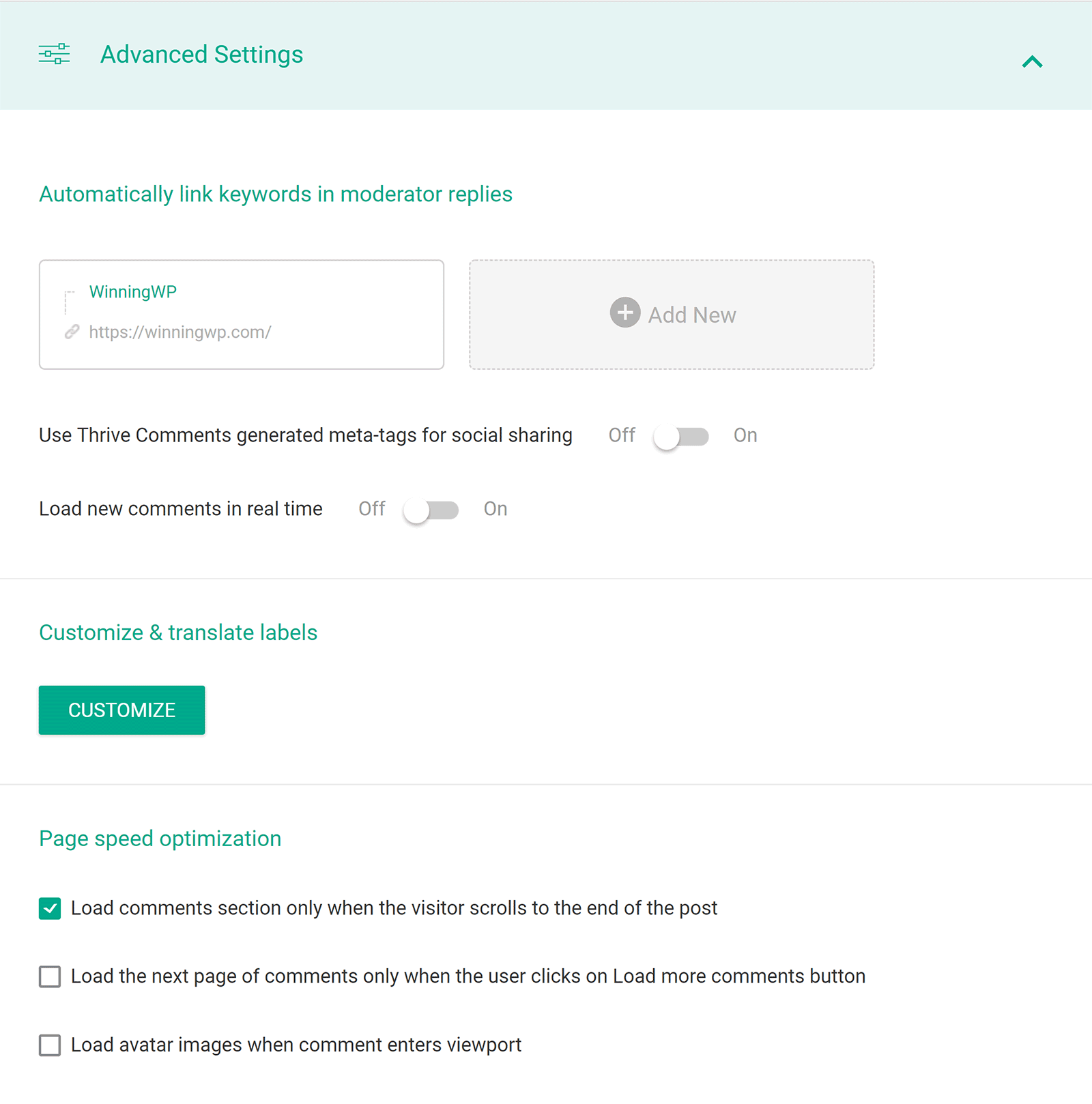 Thrive Comments Advanced Settings