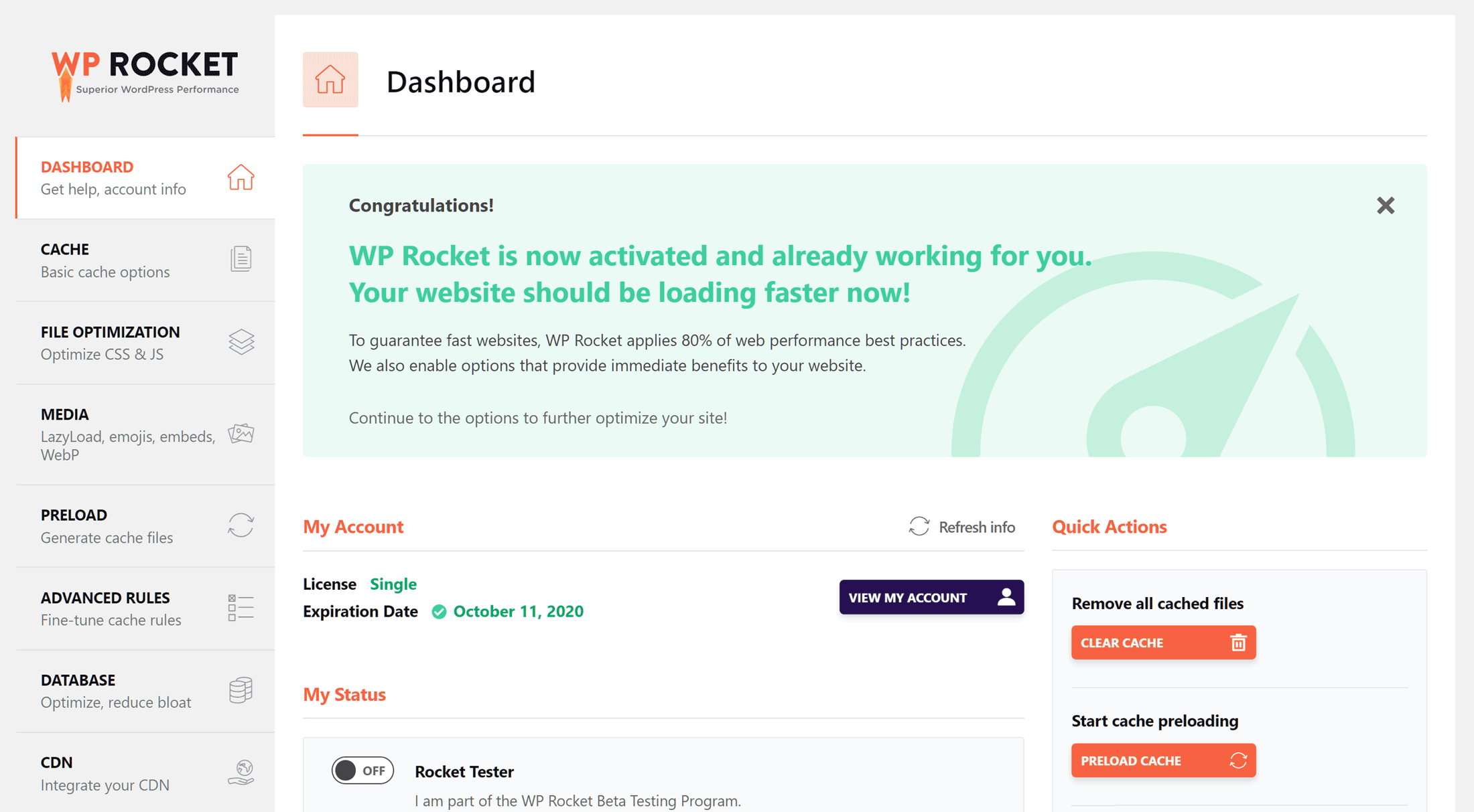 WP Rocket Dashboard