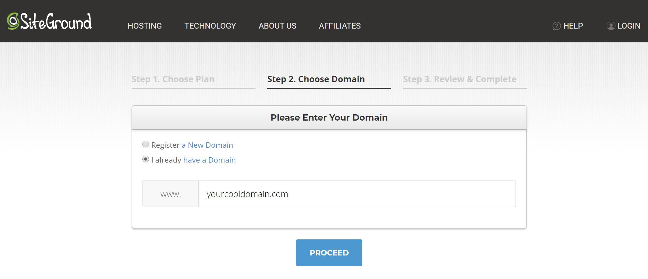 Choose your domain at SiteGround