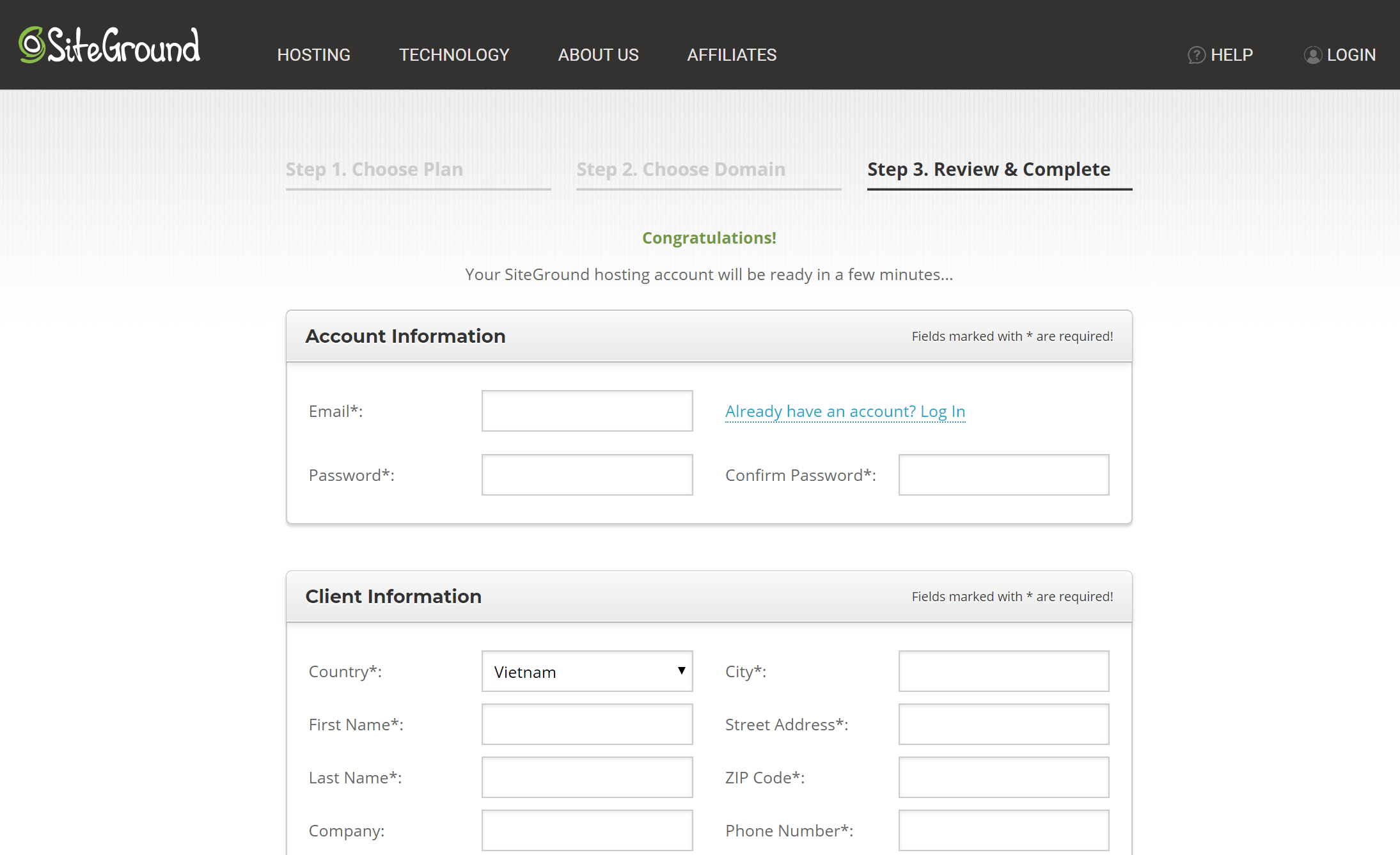 Enter SiteGround account details