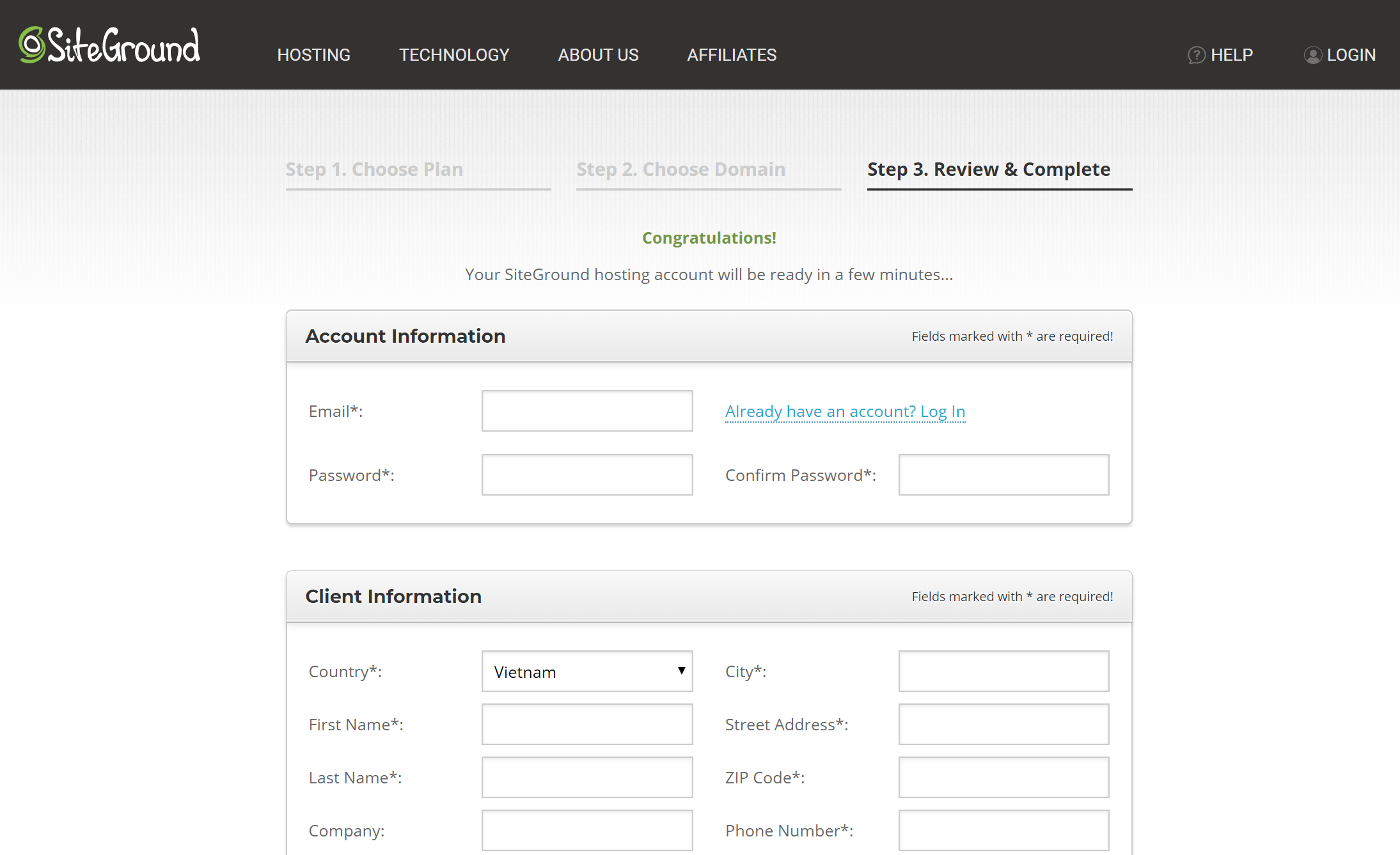 Introduce los datos de la cuenta de SiteGround