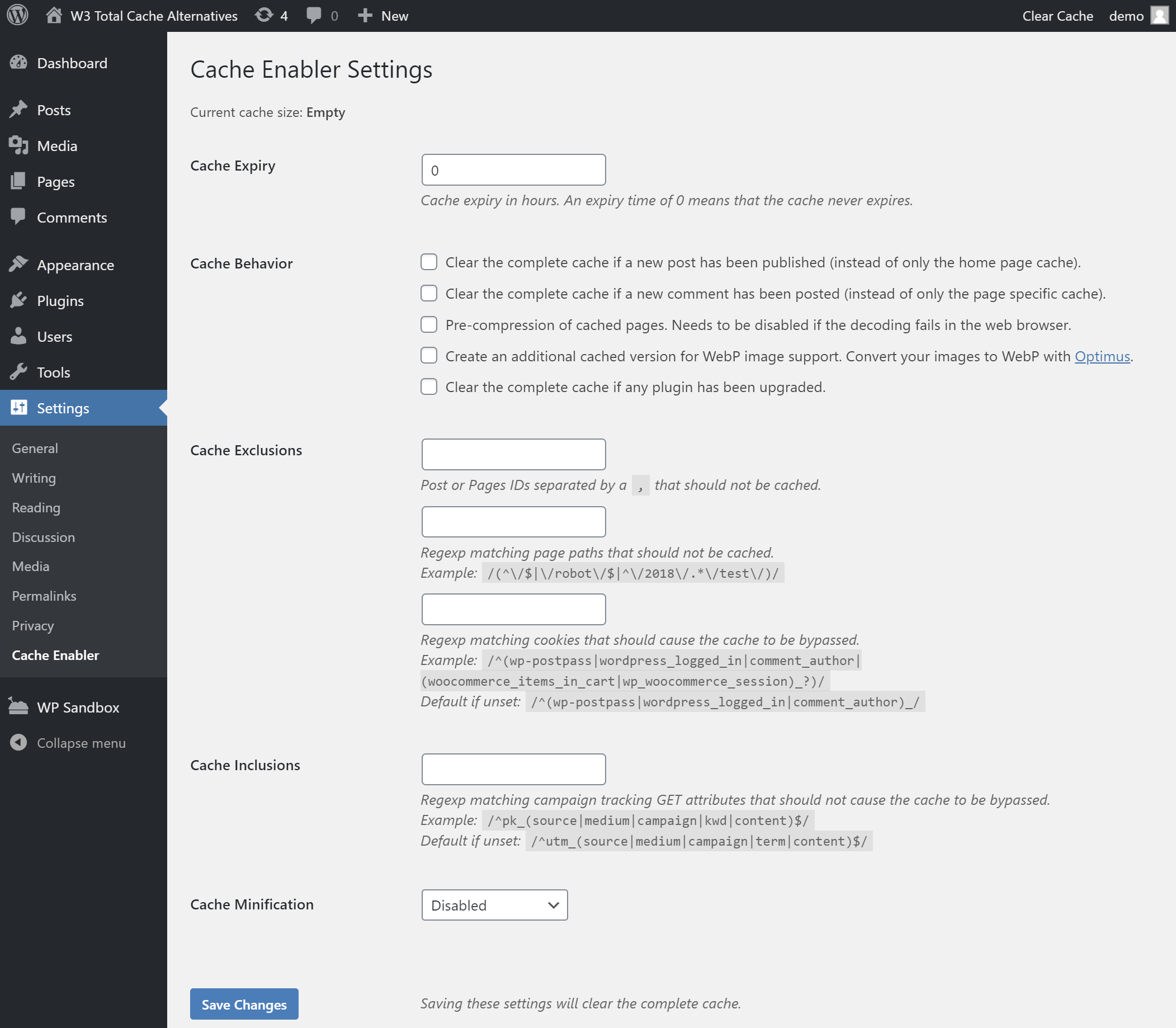 Cache Enabler plugin settings